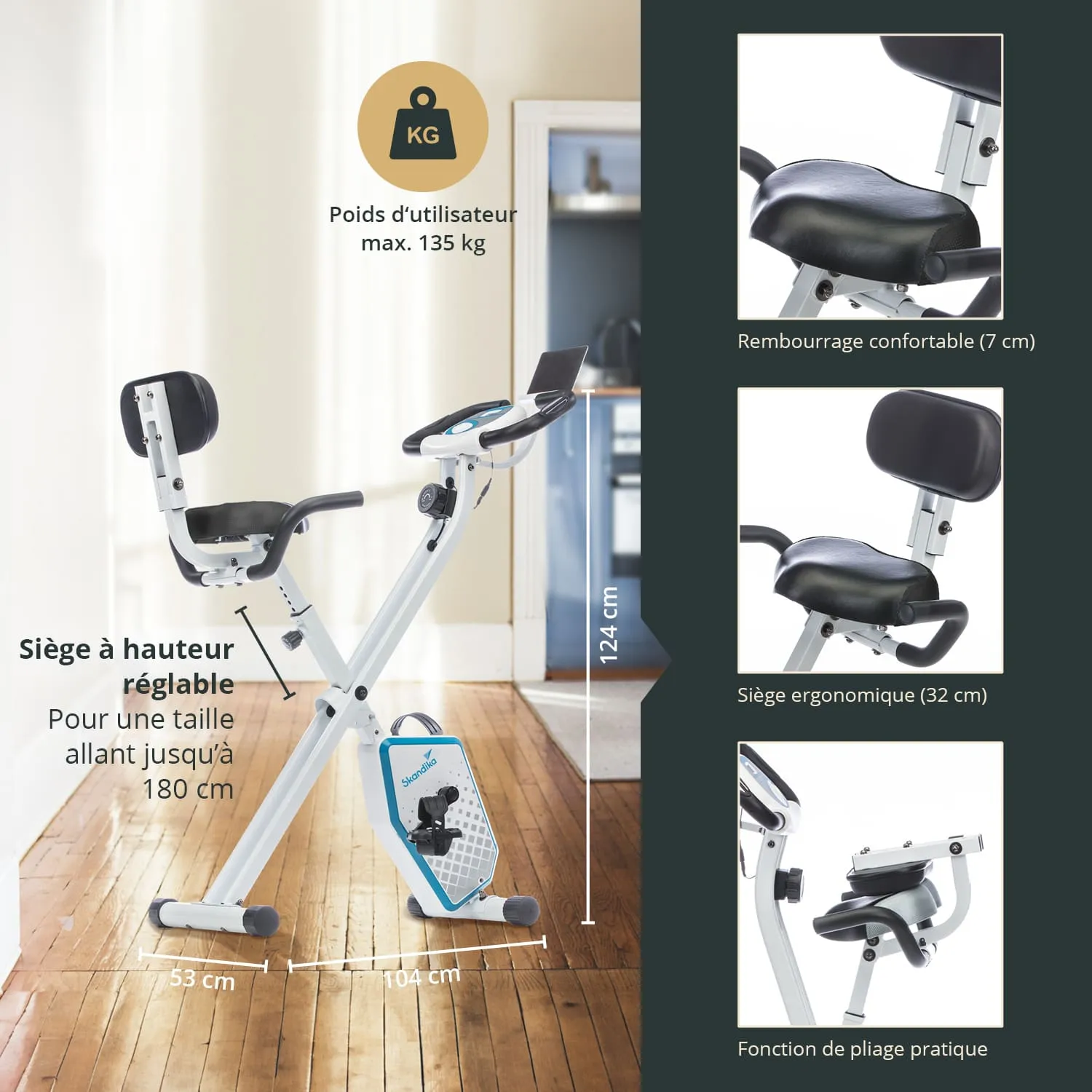 Faltbares Fitnessgerät mit ergonomischem Sitz und verstellbarer Höhe, max. Benutzergewicht 135 kg, abgebildet im Raum.