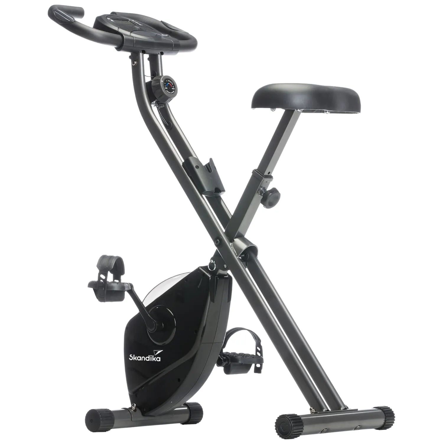 Faltbares Ergometer mit schwarzem Rahmen, Sitz und Pedalen. Anzeigeinstrument an der Haltestange.