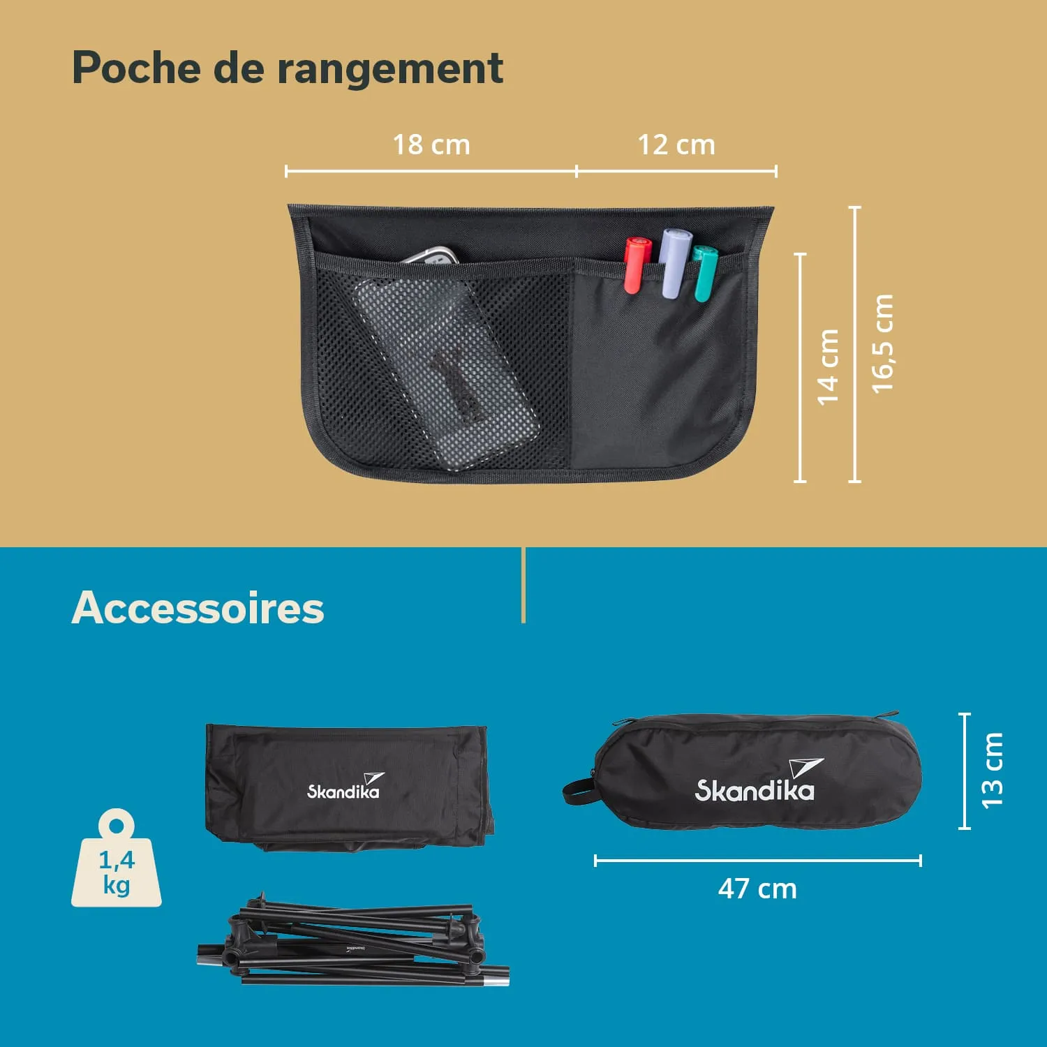 Schwarze Aufbewahrungstasche mit Netz und Stiften, daneben zwei schwarze Taschen und ein zusammengeklappter Ständer. Maße angegeben.