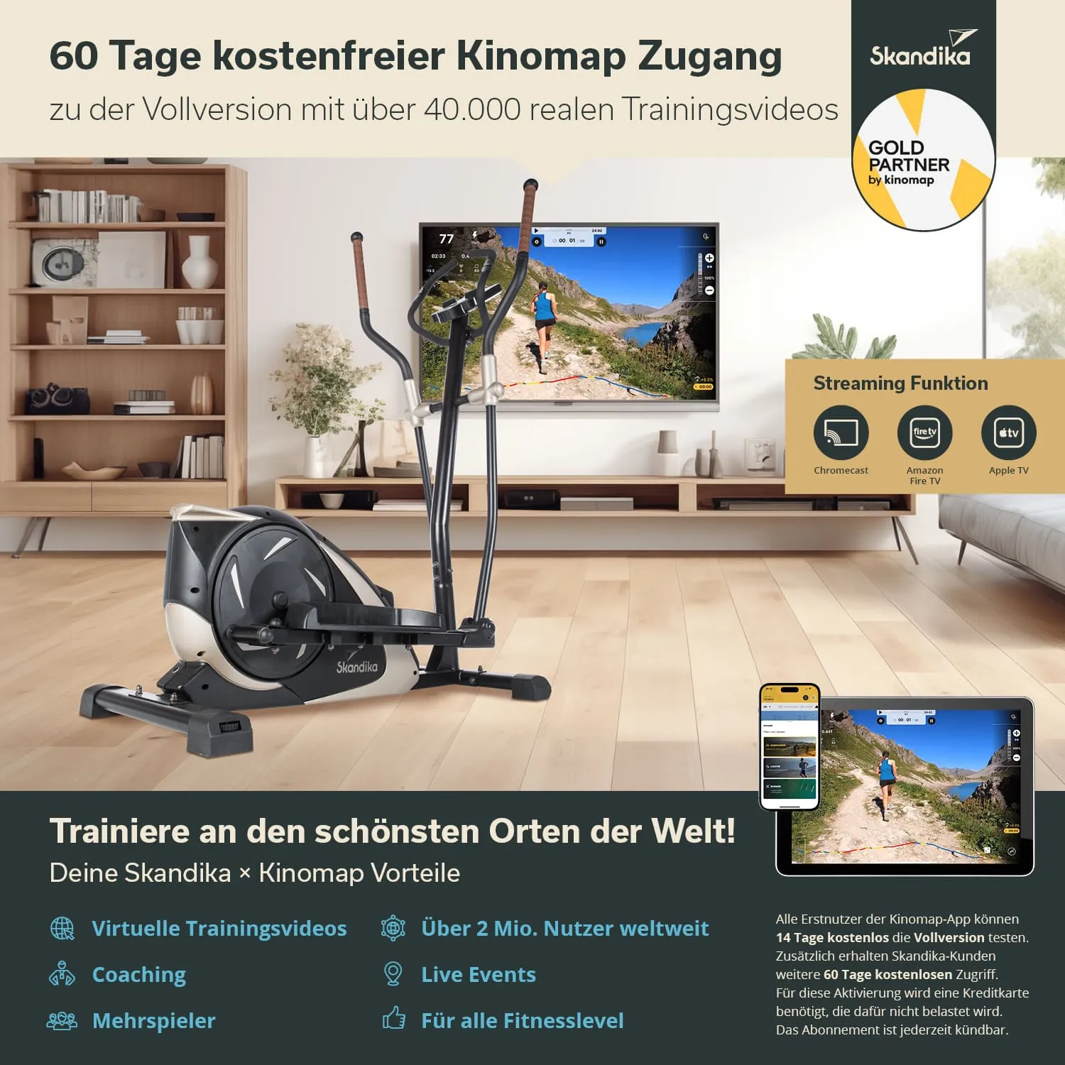 Beschreibung eines Trainingsgeräts in einem modernen Wohnzimmer. Ein Ellipsentrainer steht auf einem hellen Holzboden. Im Hintergrund ist ein Fernseher, der ein Outdoor-Trainingsvideo zeigt.