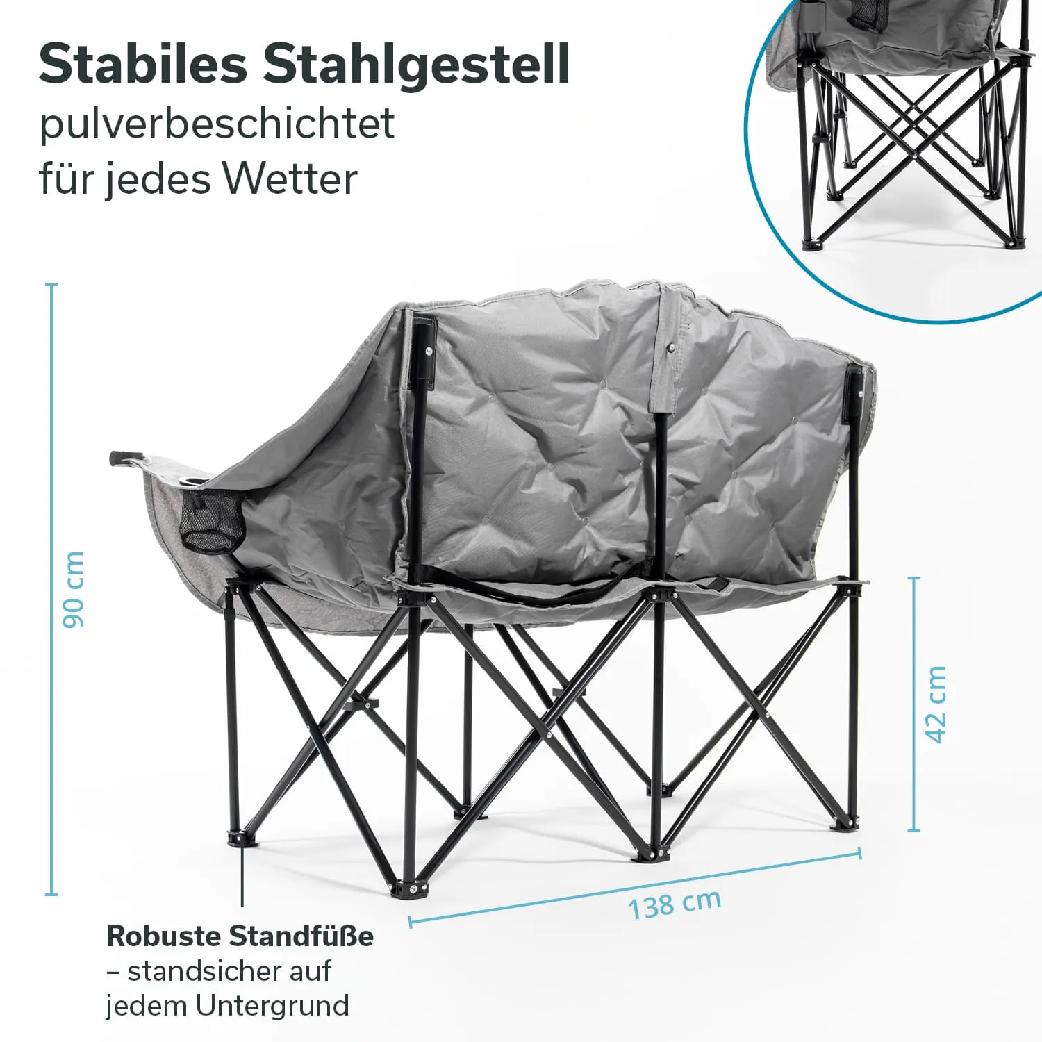 Faltstuhl mit grauem Sitz und stabilen, pulverbeschichteten Stahlgestell. Abmessungen: 90 cm hoch, 138 cm breit, 42 cm hoch.