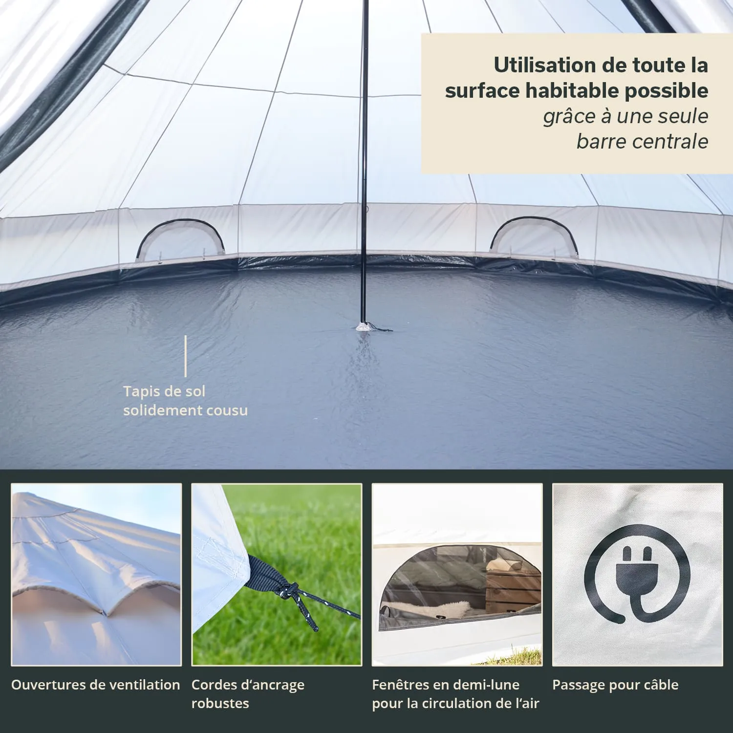Zeltinnenseite mit zentraler Stange. Bodenbelag, Ventilationsöffnungen und Kabeldurchlass sind abgebildet.