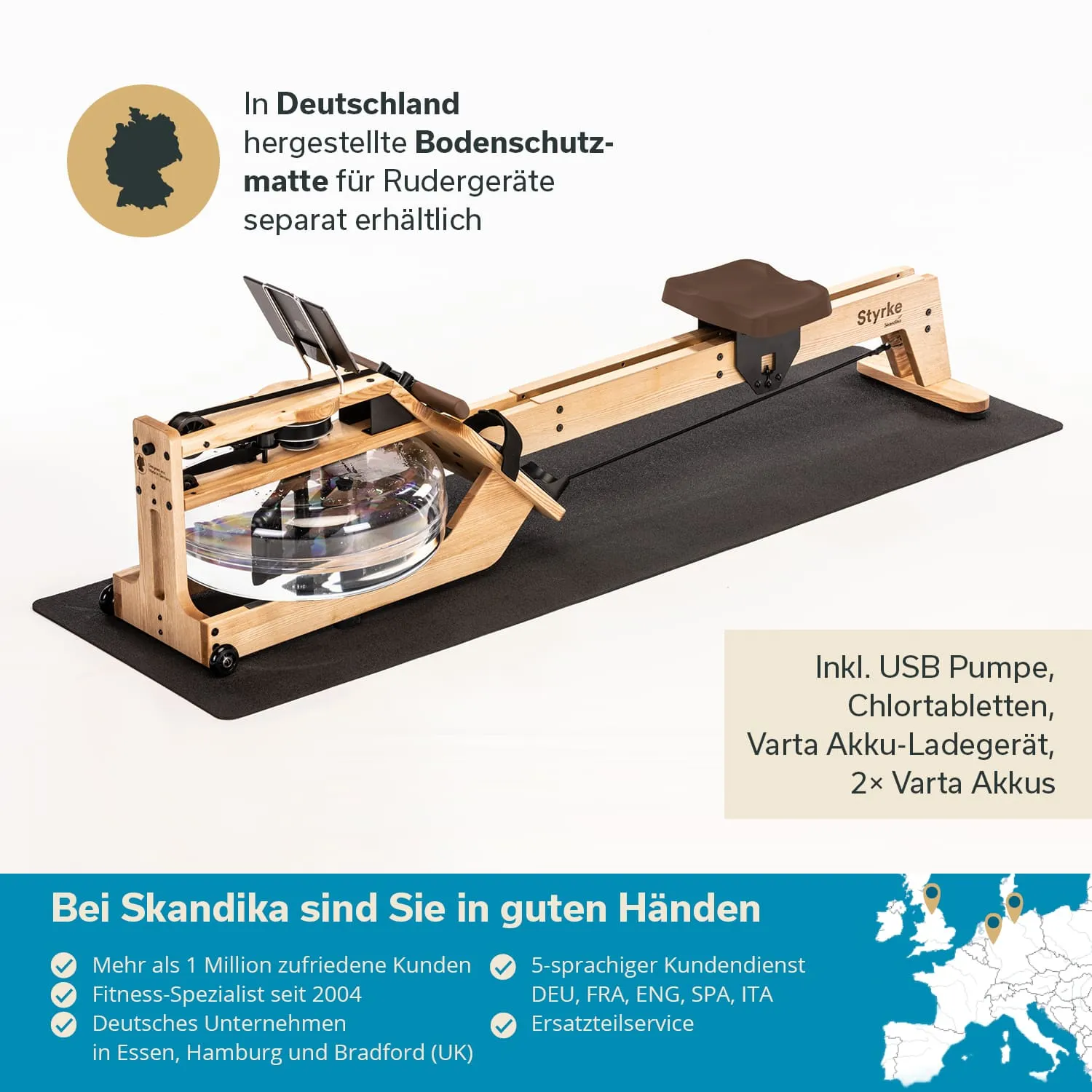 Rudergerät aus Holz mit transparenter Wasserwanne, auf einer Bodenschutzmatte. Textinfos zu Zubehör und Unternehmensdetails.
