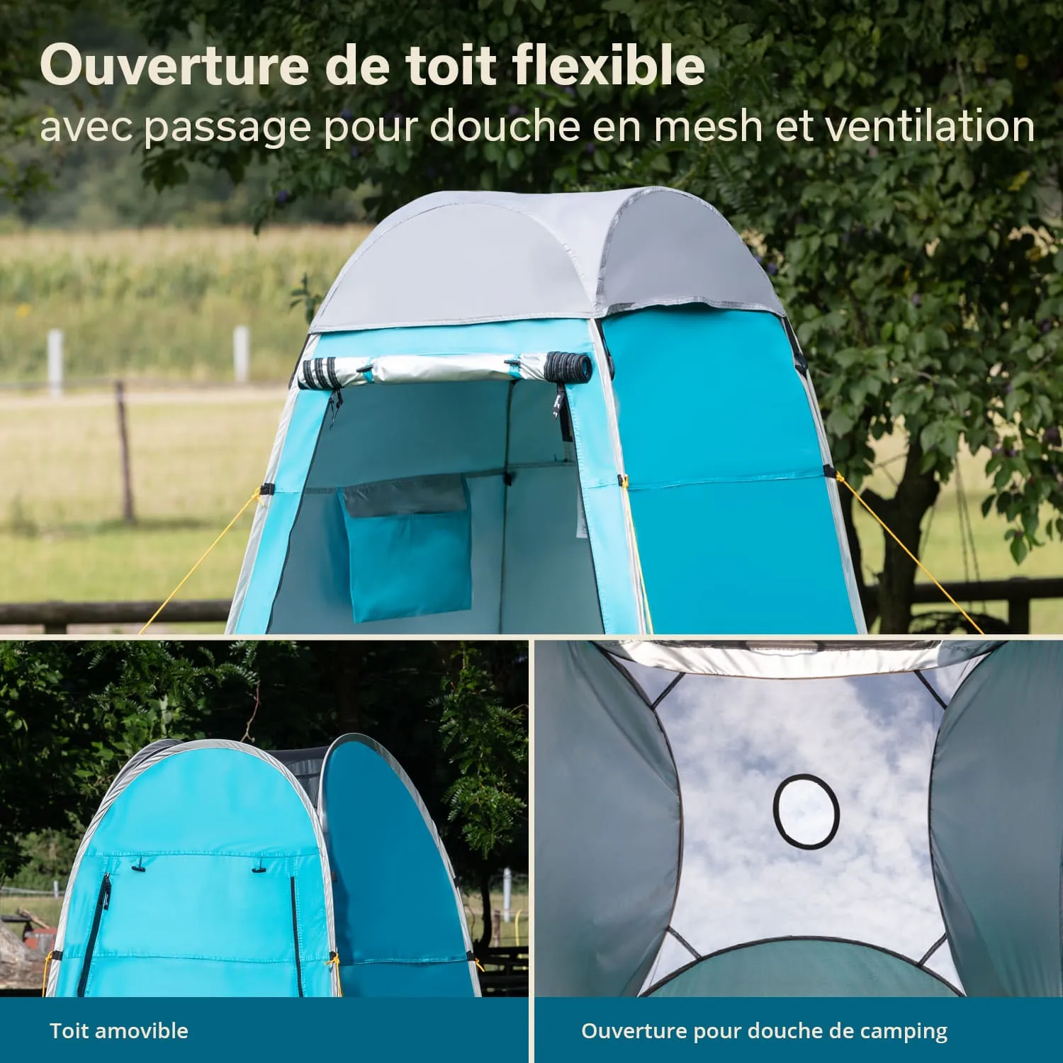Campingdusche mit flexiblem Dach und Mesh-Öffnung. Innenansicht mit Aussicht nach oben und Befestigungselementen.