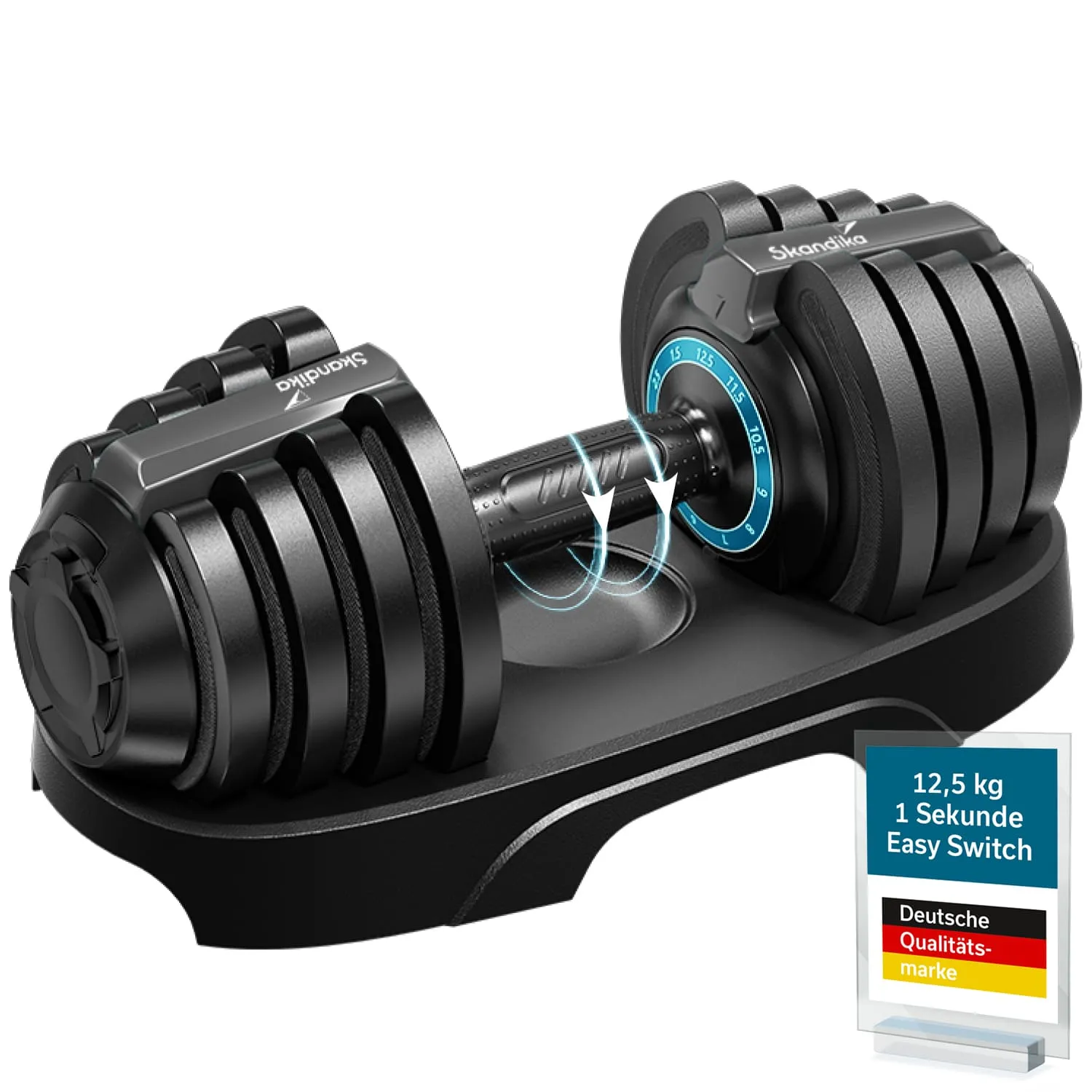 Verstellbare Kurzhantel auf einer Ablage, mit Gewichtsanzeige und Labels für einfache Bedienung und Qualität.