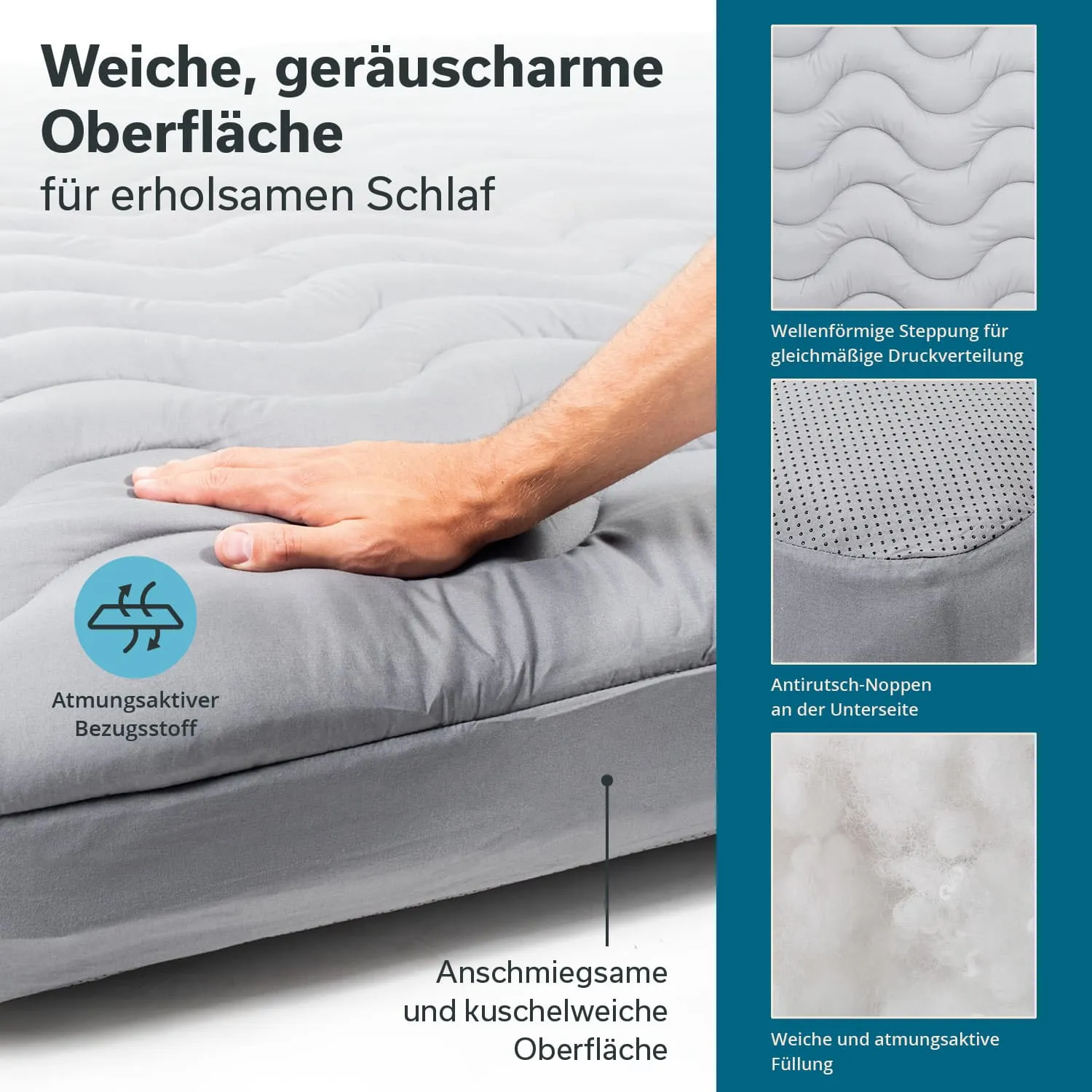 Graue, gesteppten Matratze mit Hand darauf. Text über Schlafkomfort. Elemente zur Druckverteilung und rutschfesten Unterseite.