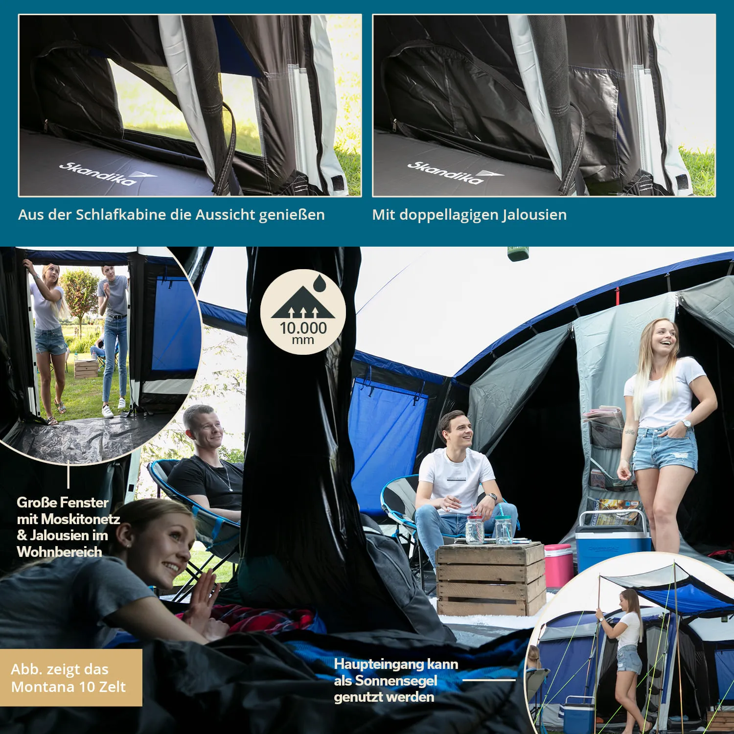 Zelt mit Wohnbereich und Schlafkabine, mehrfachen Fenstern, Jalousien und Personen, die entspannen.