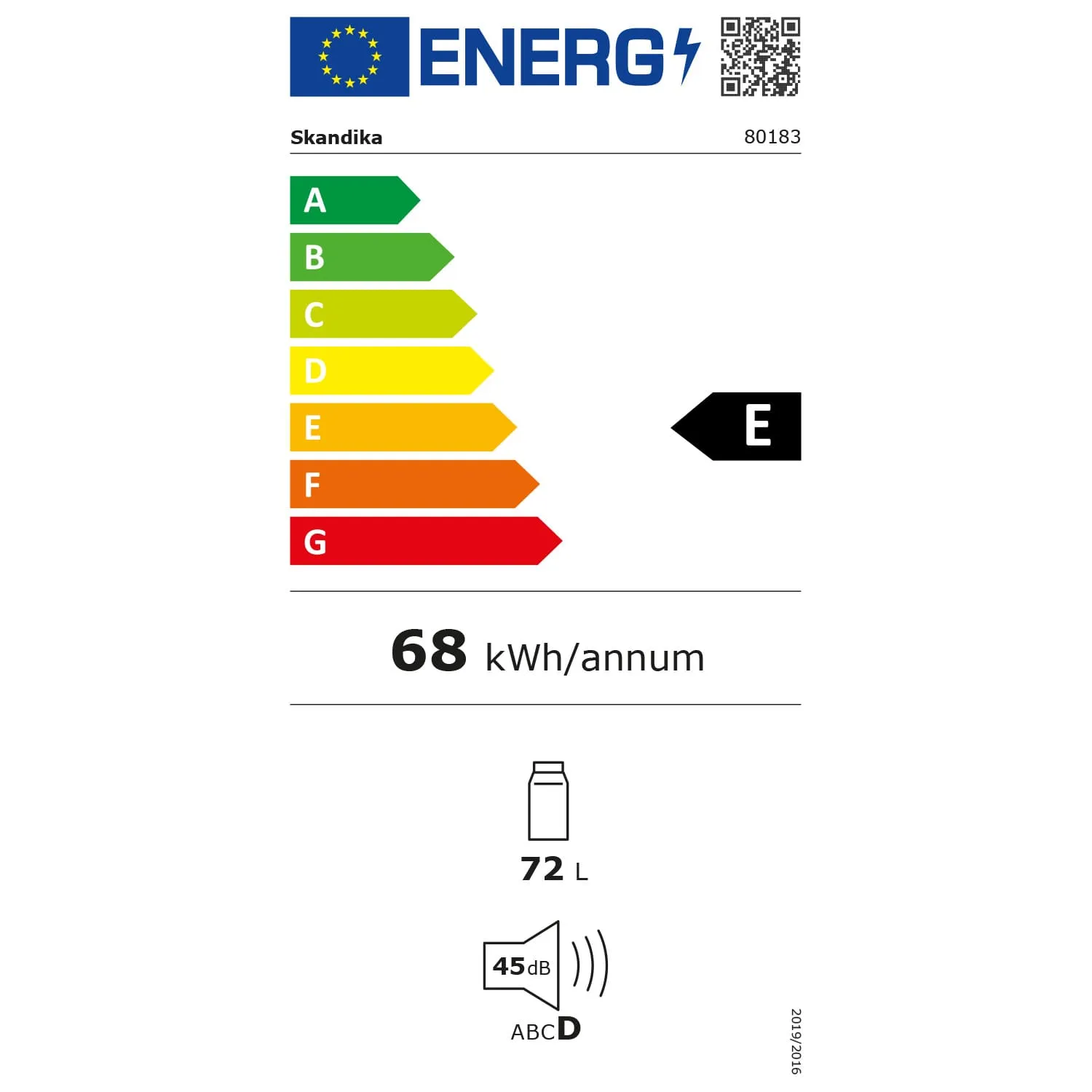 Energieverbrauchslabel mit einer Bewertung von E, 68 kWh/Jahr, 72 L Kapazität und Geräuschpegel von 45 dB.