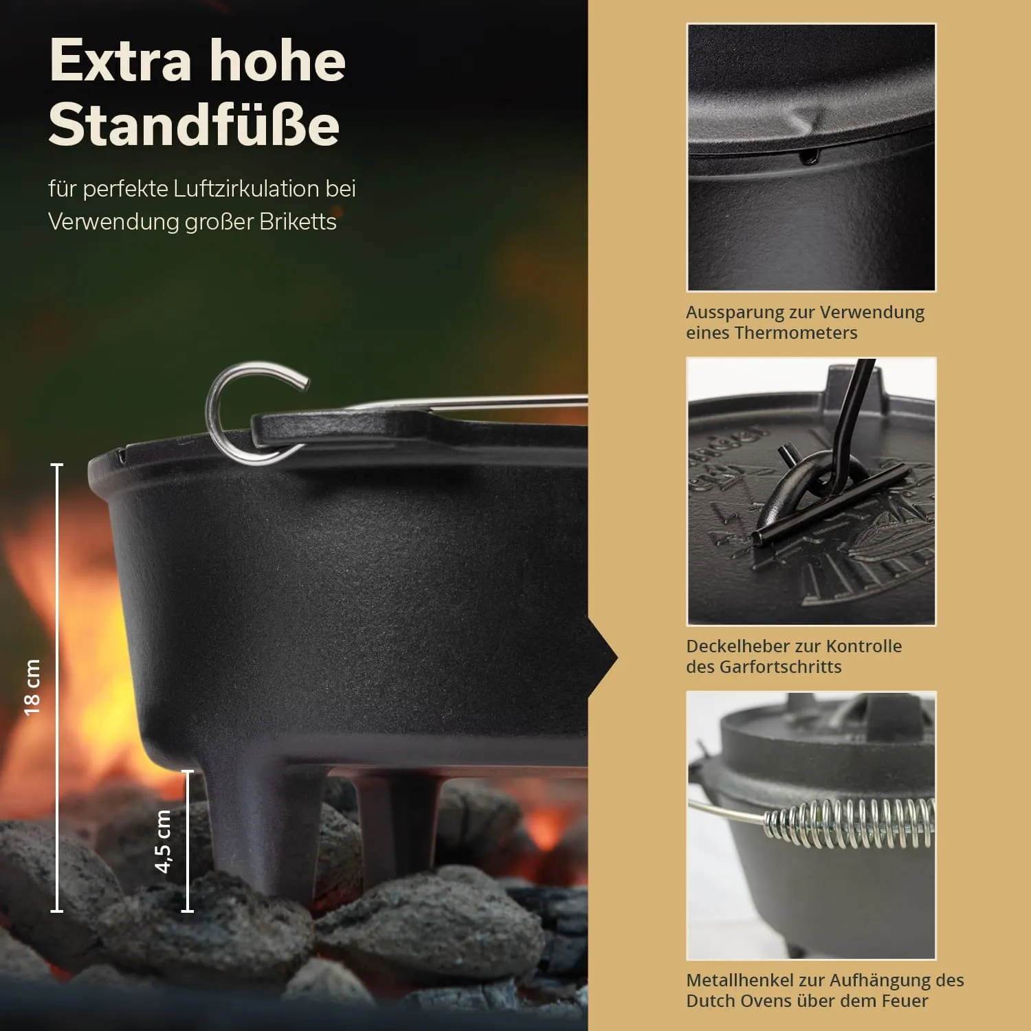 Dutch Oven mit extra hohen Standfüßen auf glühenden Kohlen. Detailansichten der Deckelschutze und des Metallhenkels.
