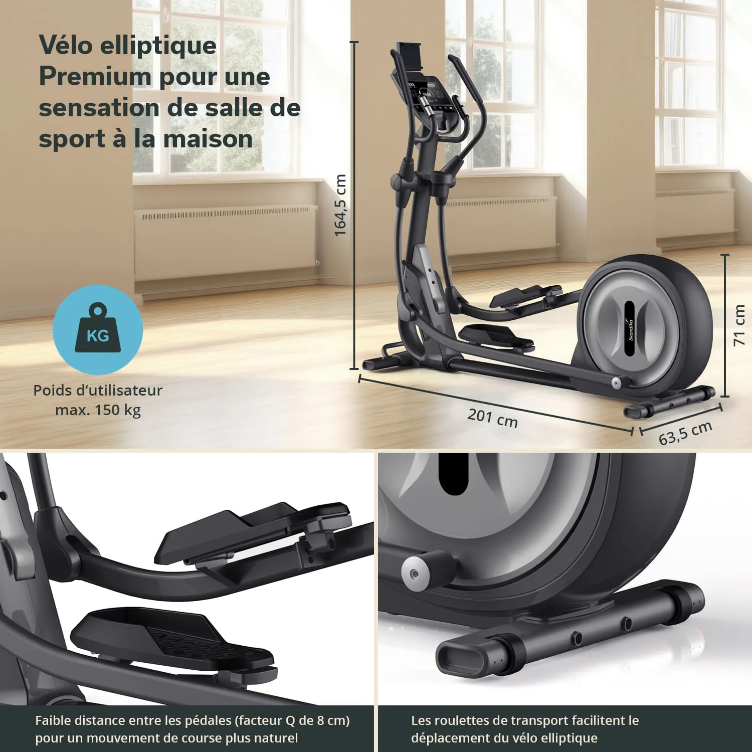 Ellipsenrad mit Abmessungen und Spezifikationen. Ein moderner Fitnessraum mit Fenstern im Hintergrund.