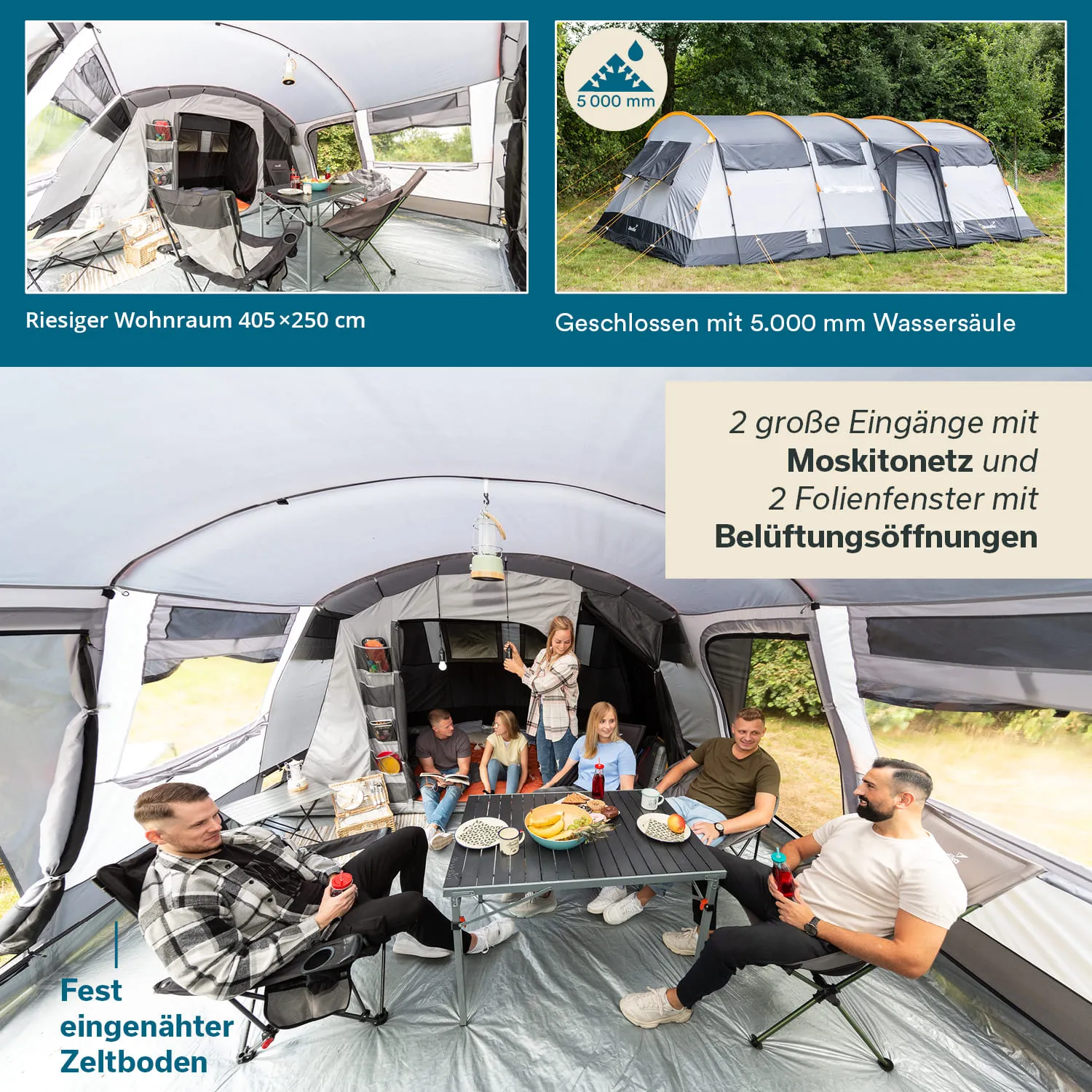 Innenansicht eines großen Zeltes mit mehreren Sitzenden, Tisch und Lebensmitteln. Zwei Eingänge und Fenster sichtbar.