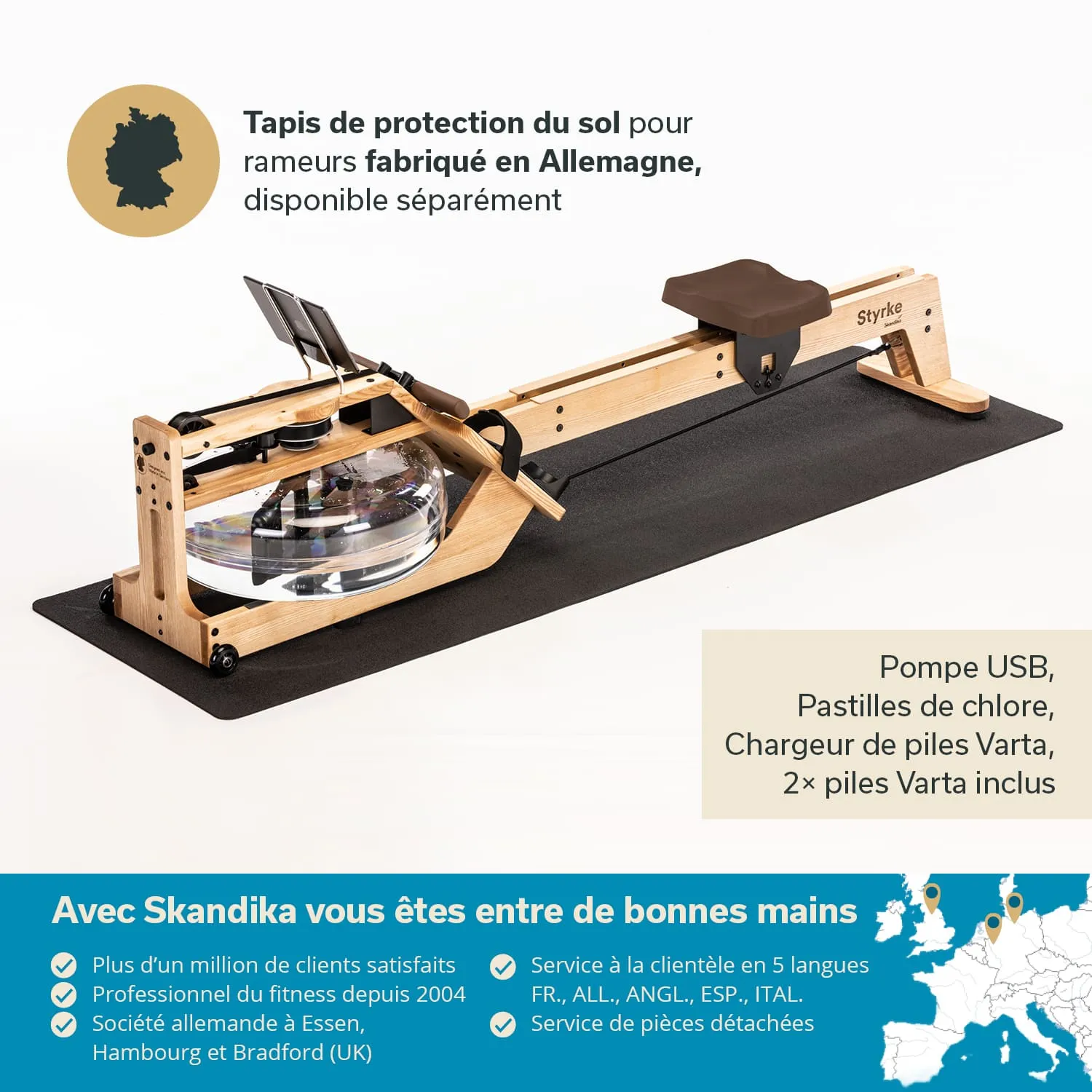Holz-Rudergerät mit einer klaren Wasserfüllung, auf einem schwarzen Unterlage. Textelemente beschreiben die Produkteigenschaften.