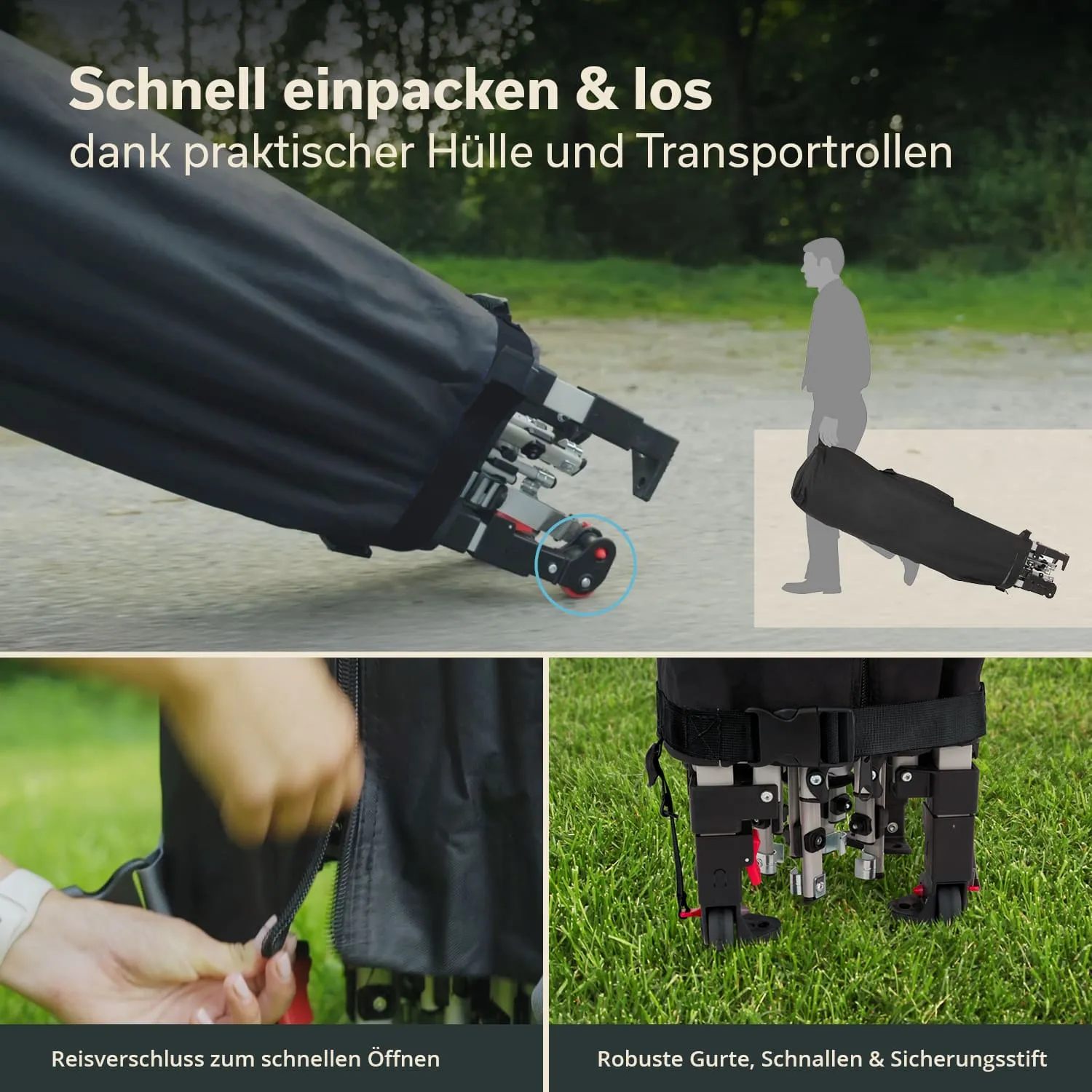 Schwarz ausgekleidete Transporttasche mit Rollen, geöffnet mit Reißverschluss und Haltegurten, auf einem Gehweg und Gras.