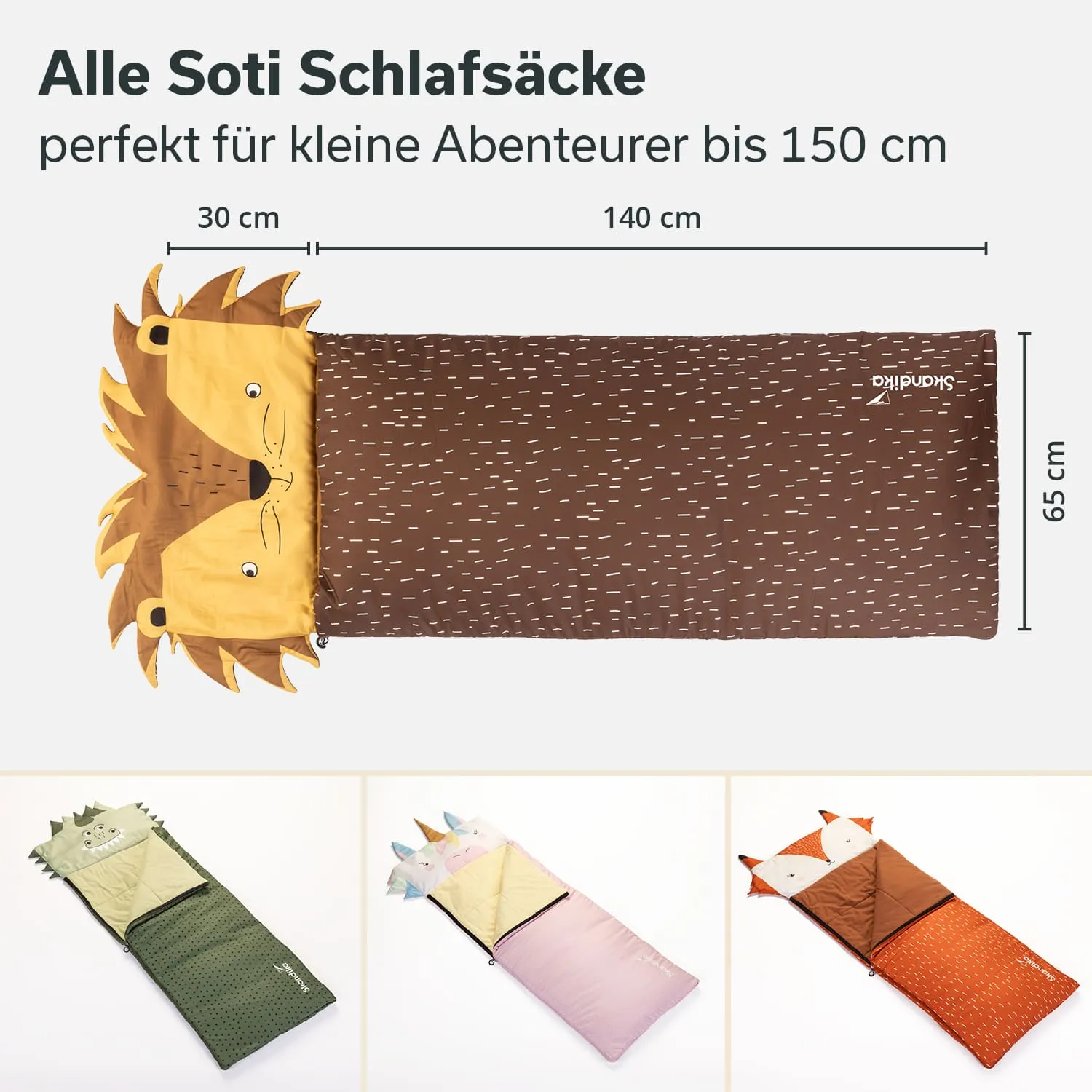 Ein Schlafsack mit Löwenkopf und braunem Körper sowie zwei weitere Schlafsäcke in Tiermotiv, auf hellem Hintergrund.