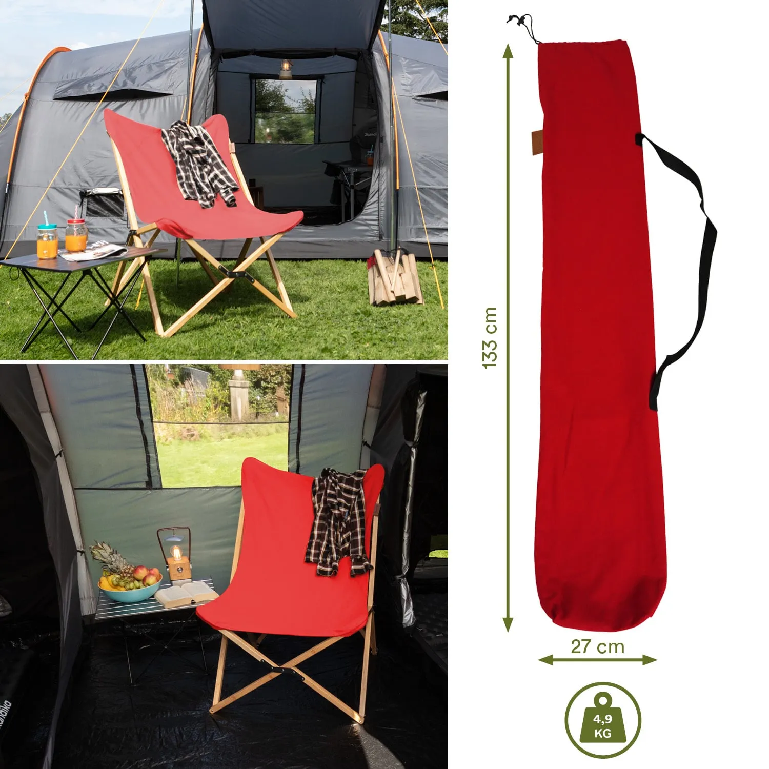 Roter Klappstuhl aus Stoff mit Holzgestell, daneben ein kleiner Tisch, im Hintergrund ein Zelt und eine Tasche. Maße und Gewicht angegeben.
