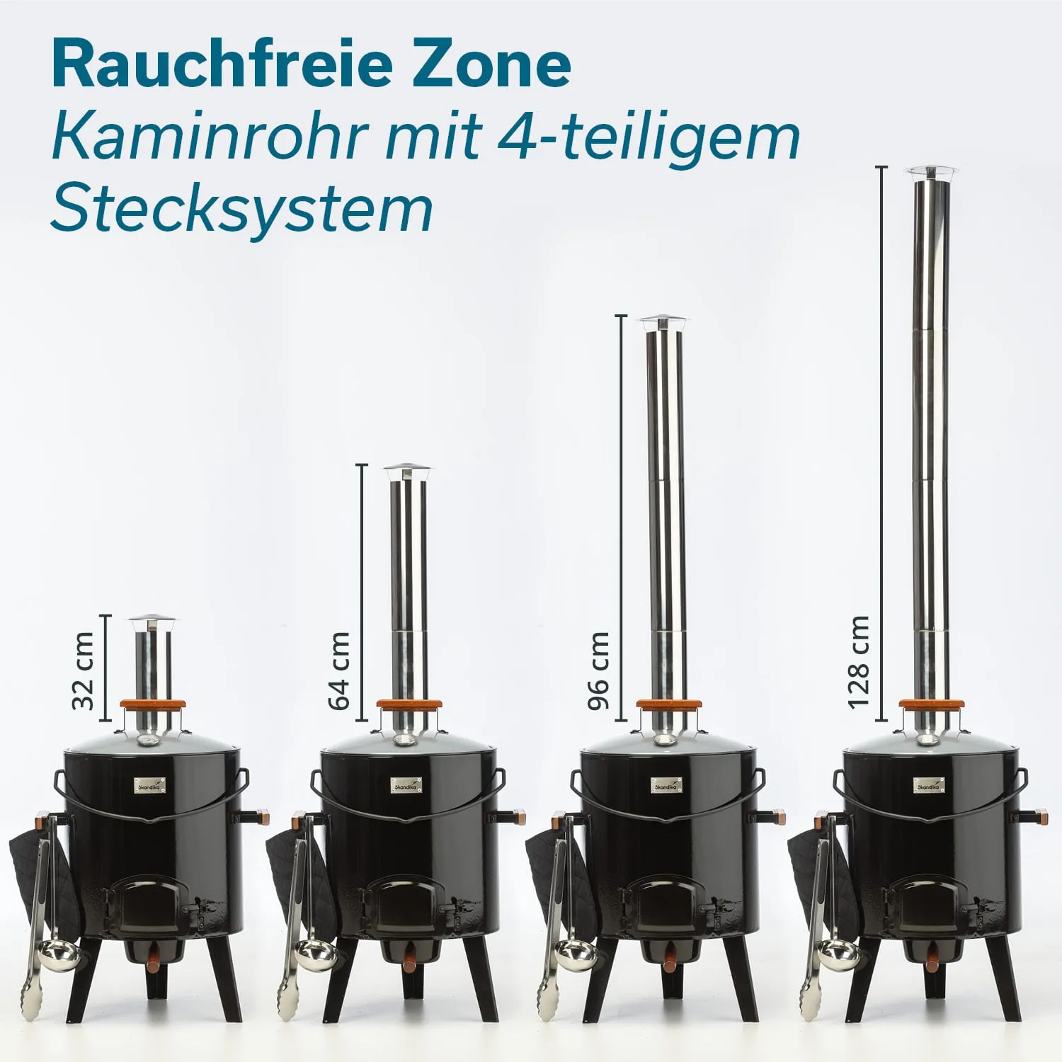 Schwarzer Kessel mit Kaminrohren in vier Höhen (32 cm, 64 cm, 96 cm, 128 cm) und einem 4-teiligen Stecksystem.