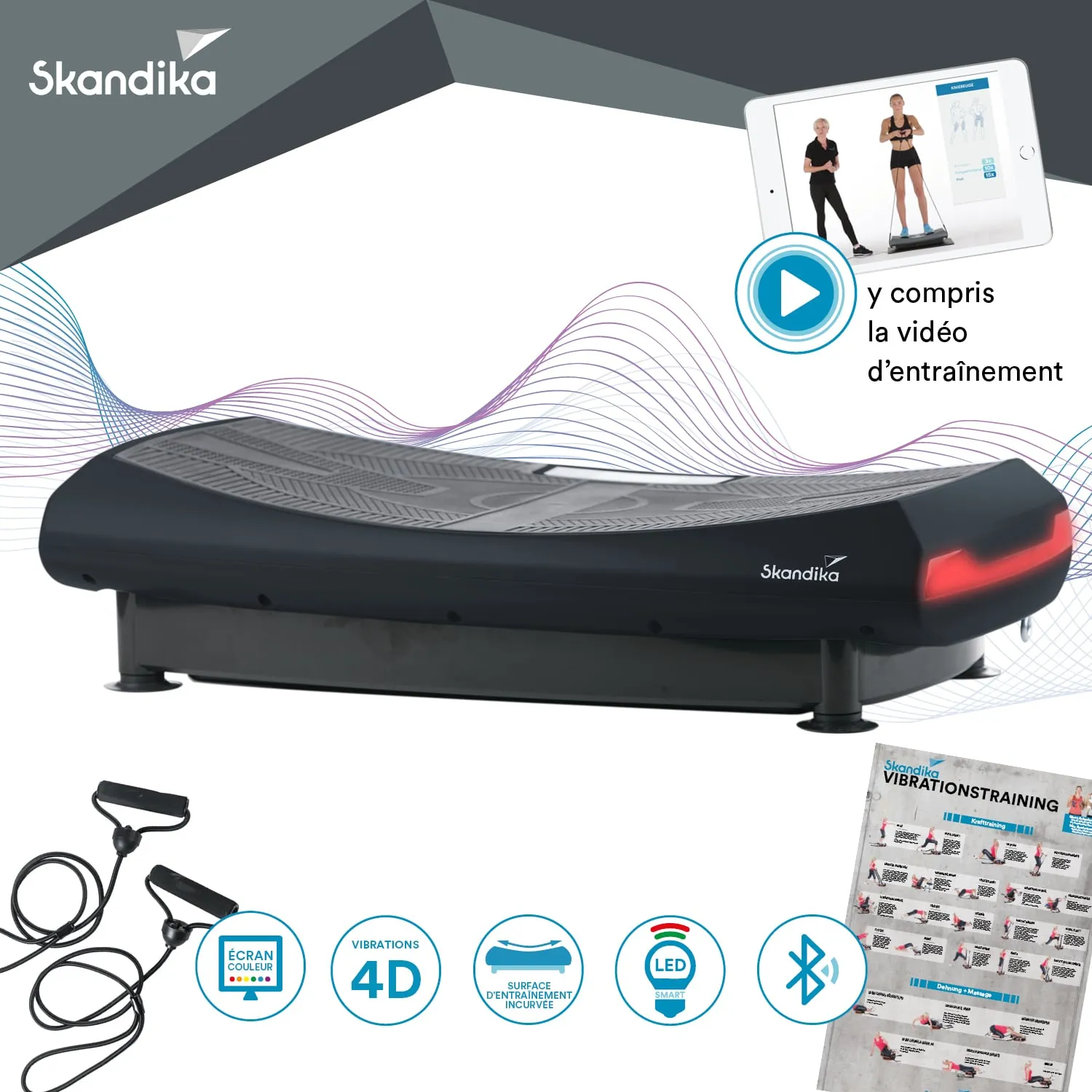 Vibrationsplatte mit strukturiertem Oberflächenbereich, einem Display und verstellbaren Haltegriffen. Neben der Platte Poster mit Trainingsübungen.