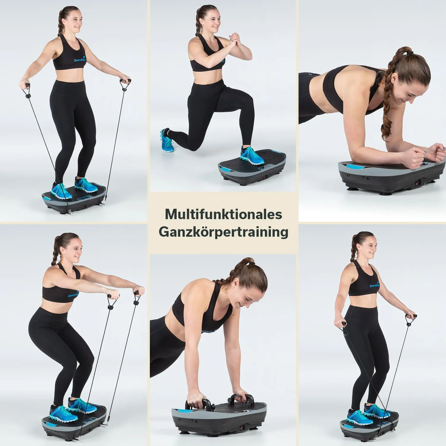 Person trainiert auf einem Fitnessgerät mit Widerstandsbändern in verschiedenenPositionen. Sportkleidung und Trainingsschuhe sichtbar.