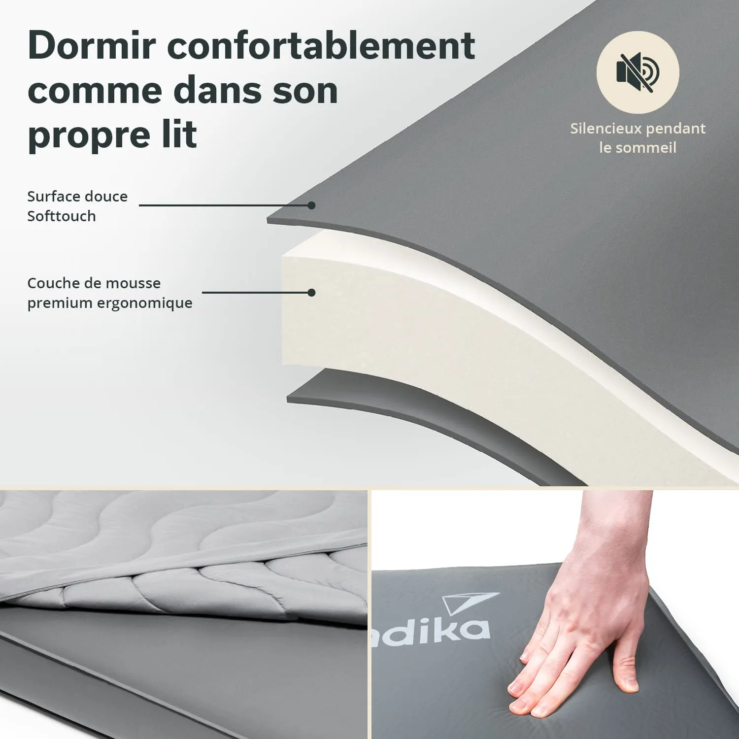 Matratze mit grauem Bezug und ergonomischer Schaumstoffschicht. Detailansicht der Oberfläche und Logo.