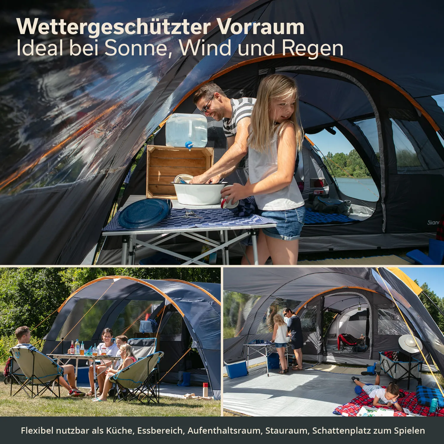 Ein wettergeschützter Vorraum mit Personen, die eine Küche einrichten. Im Hintergrund Zelt und Wasser. Ein Tisch mit Stühlen und Getränken.