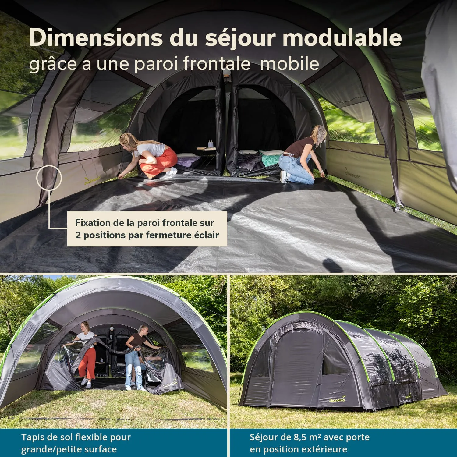 Zelt mit flexibler Frontwand, Innenansicht mit Boden und zwei Personen. Außenansicht zeigt großes, grünes Zelt auf Wiese.
