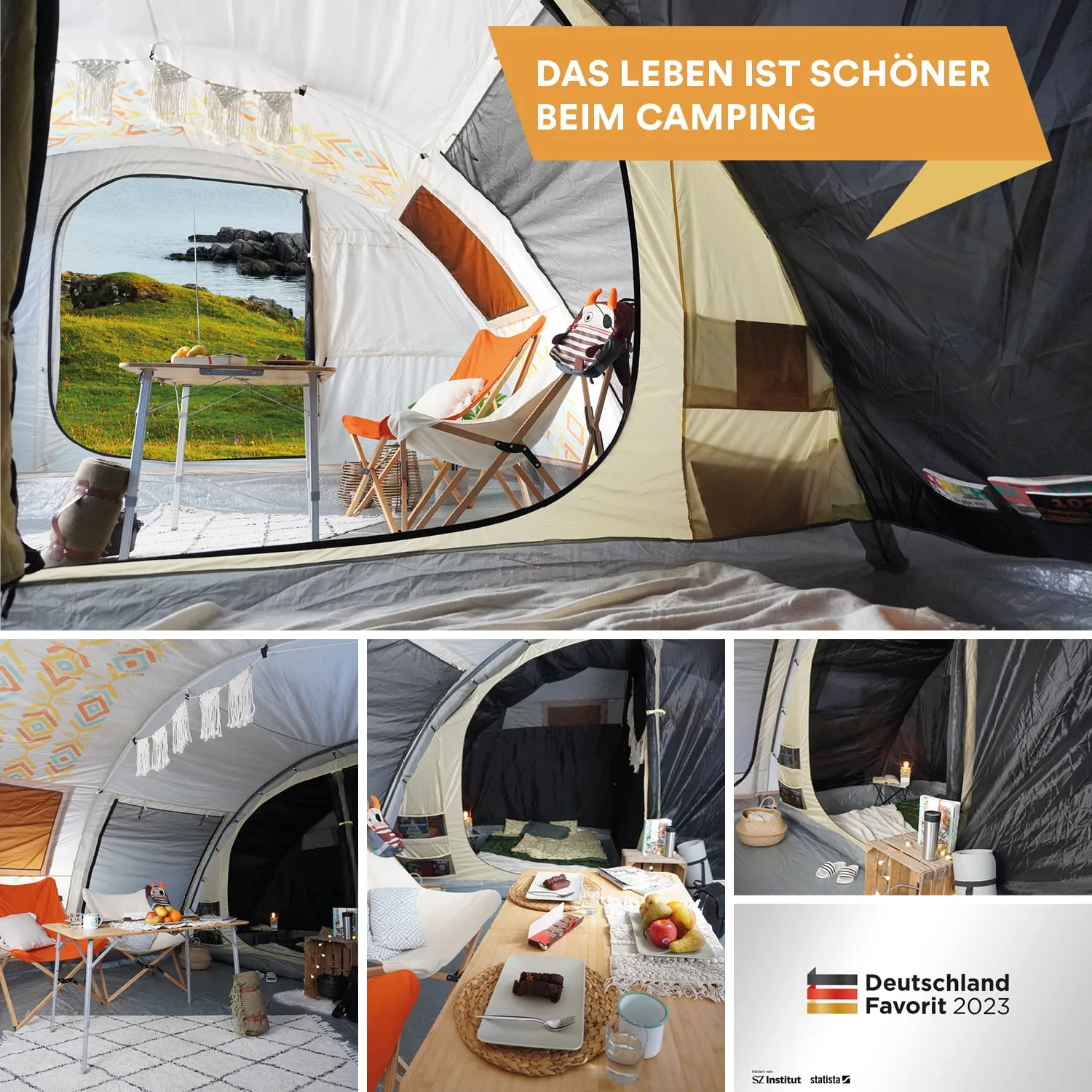 Zeltinnenraum mit Aussicht auf Wiese und Wasser. Zwei Stühle und ein Tisch, dekoriert mit Essen und Getränken.
