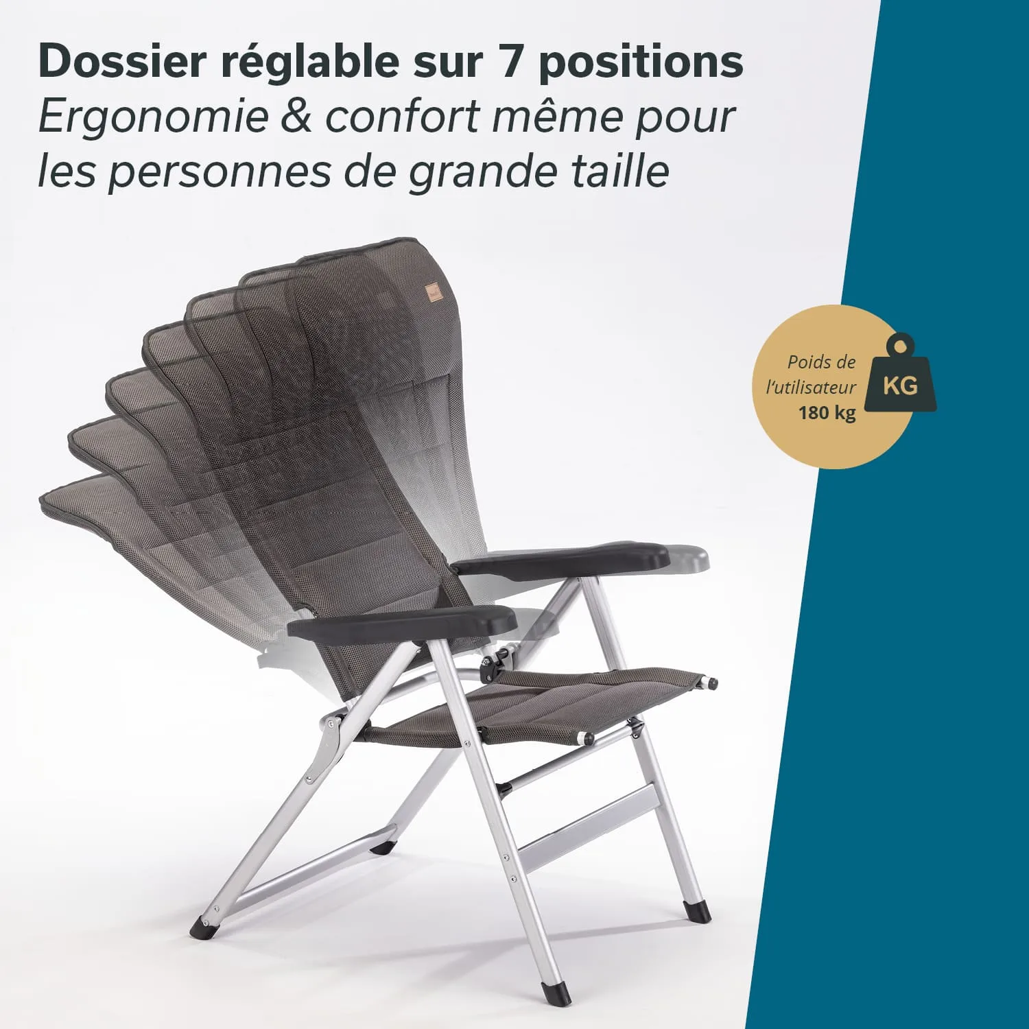 Faltstuhl mit verstellbarem Rückenlehnenbereich in sieben Positionen, Rahmen aus Aluminium, grau-schwarze Polsterung, Gewichtskapazität 180 kg.