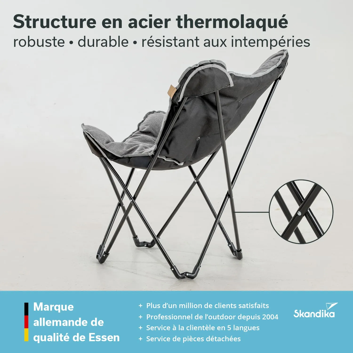 Faltstuhl mit thermolackierter Stahlstruktur, grauem Bezug und einem kleinen Detailbild der Stuhlbeine.