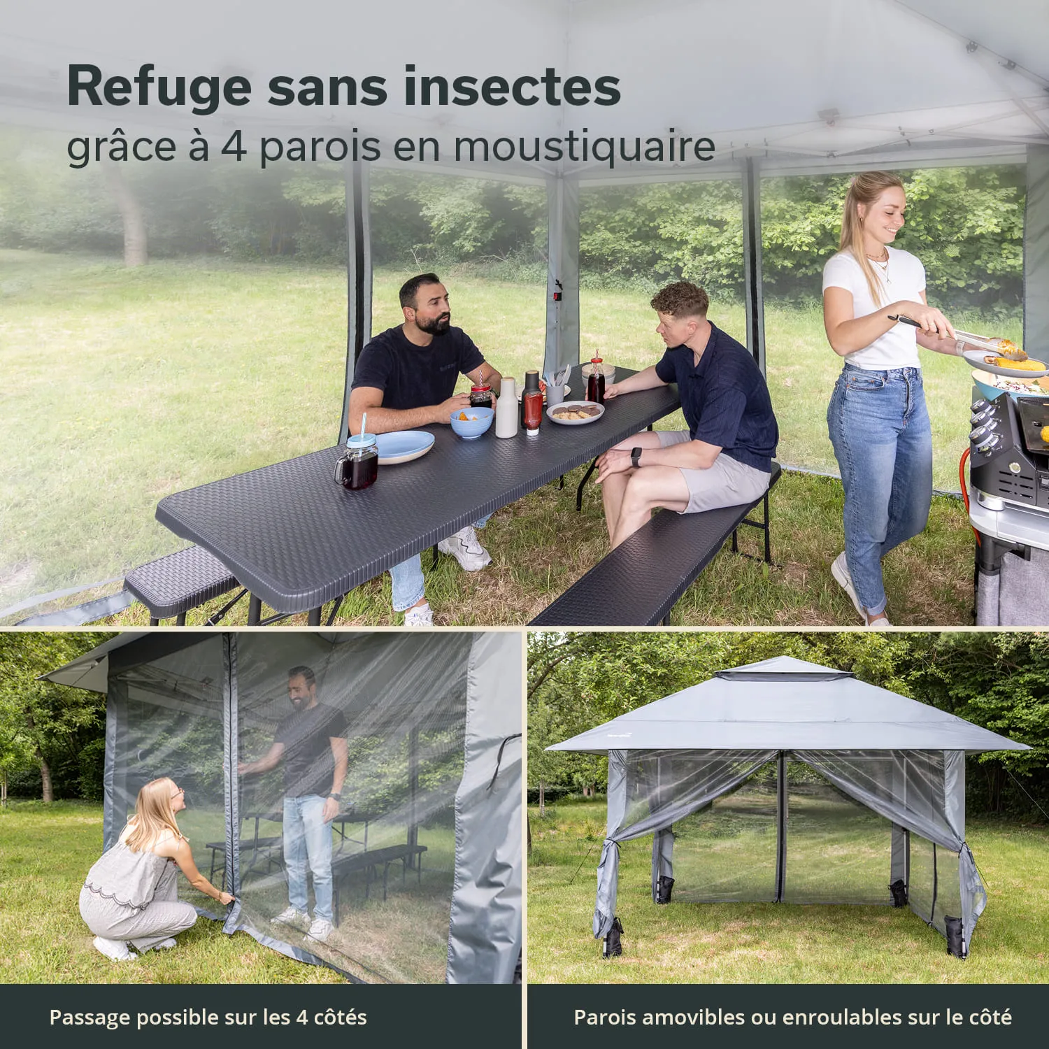 Ein Gartenbereich mit einem Moskitonetz-Pavillon. Drei Personen sitzen an einem Tisch und essen. Eine Person grillt. Im unteren Teil ist eine Detailansicht des Pavillons.
