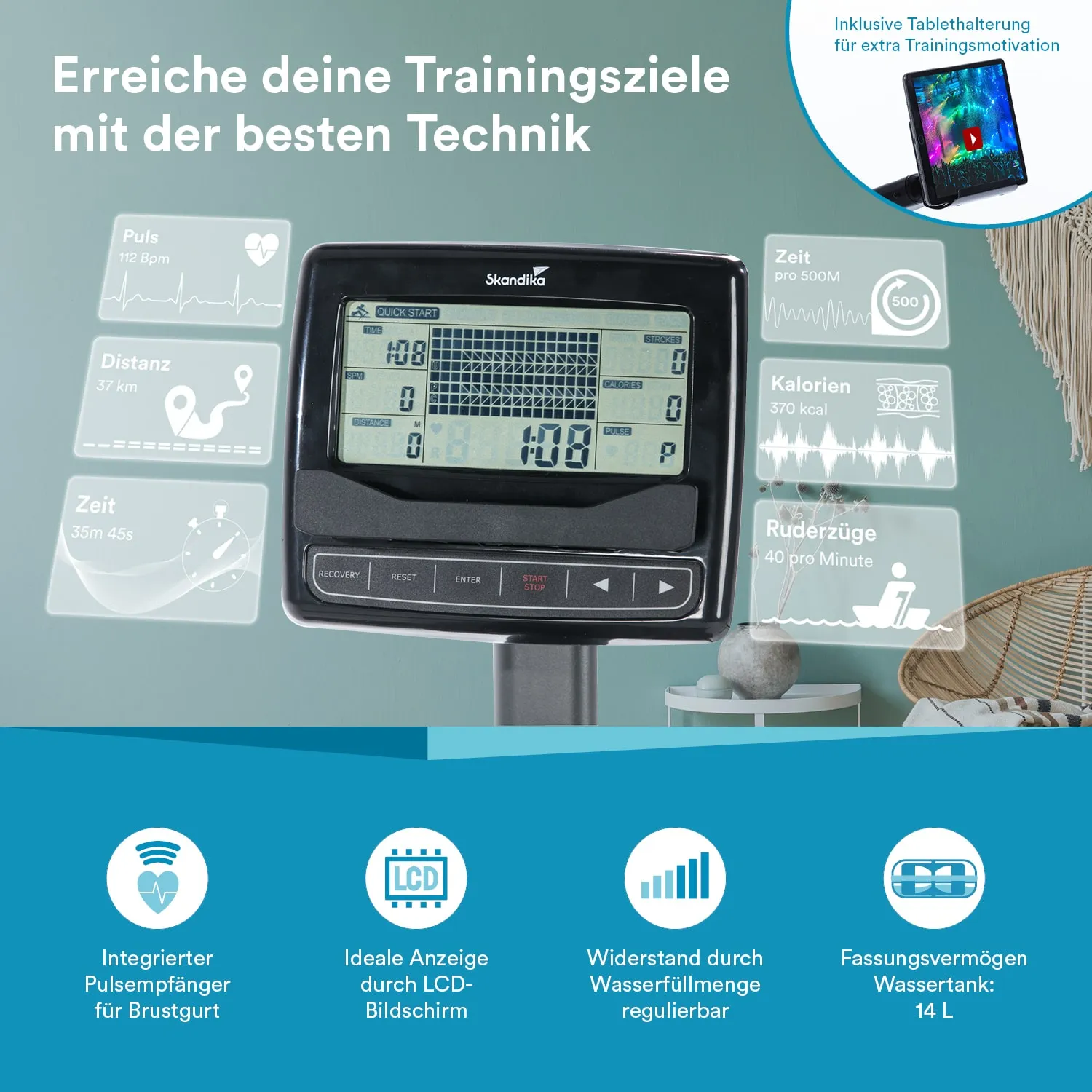 Displays eines Fitnessgeräts mit LCD-Bildschirm. Informationen zu Puls, Distanz, Zeit, Kalorien und Ruderzügen sind abgebildet.