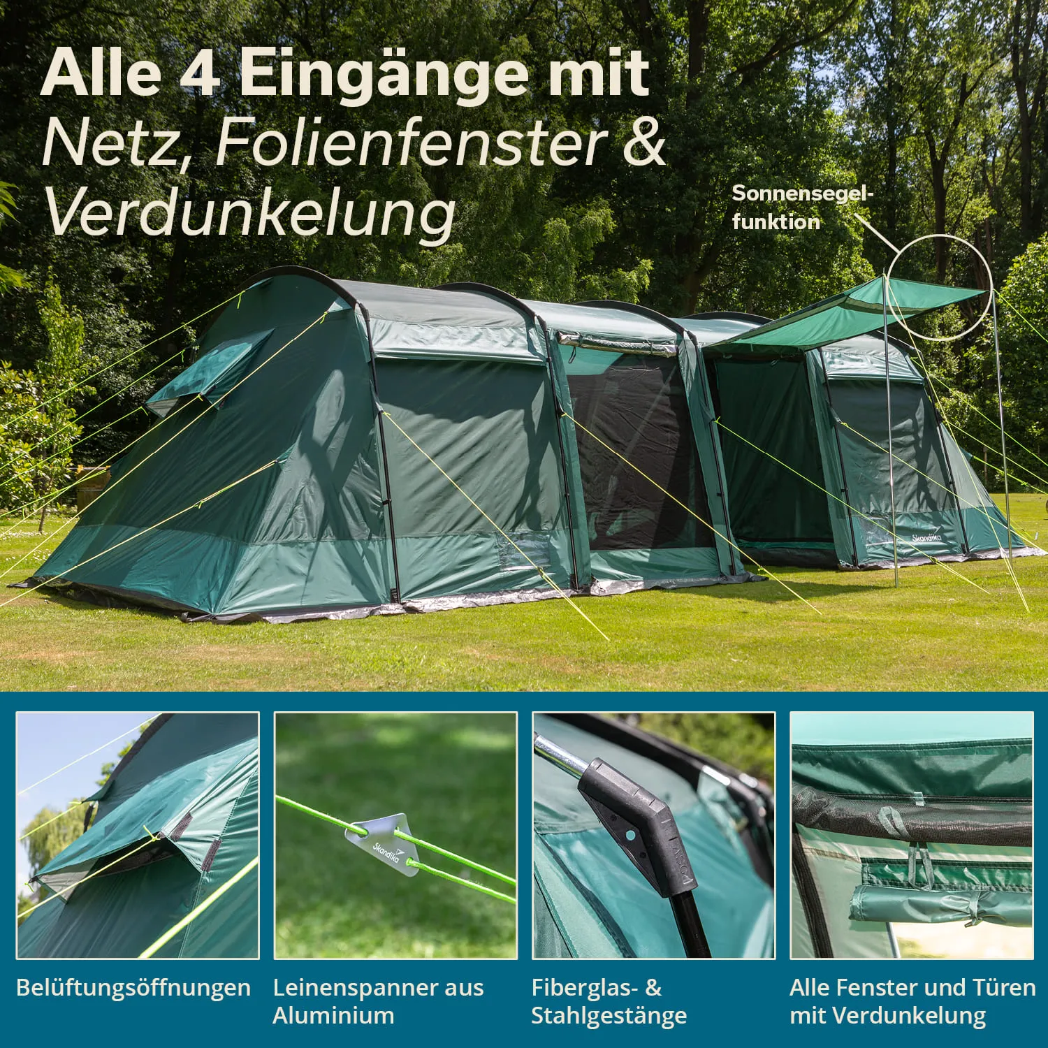Zelt mit vier Eingängen in grün, ausgestattet mit Netz, Folienfenstern und Verdunkelung. Umgebung: Rasen und Bäume.