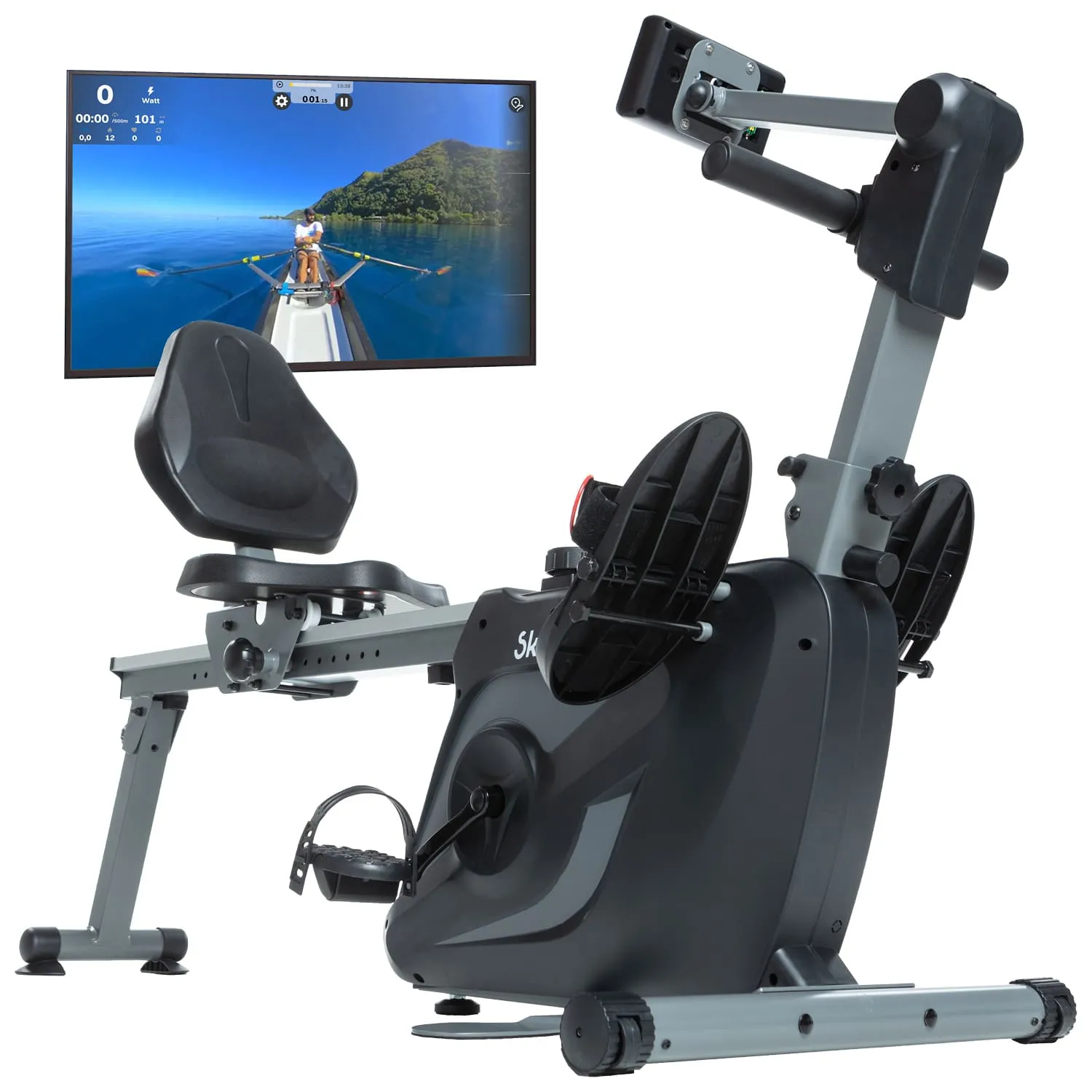 Rudergerät mit ergonomischem Sitz und Fußstützen. Im Hintergrund ein Bildschirm mit Ruder-Visualisierung und Datenanzeige.