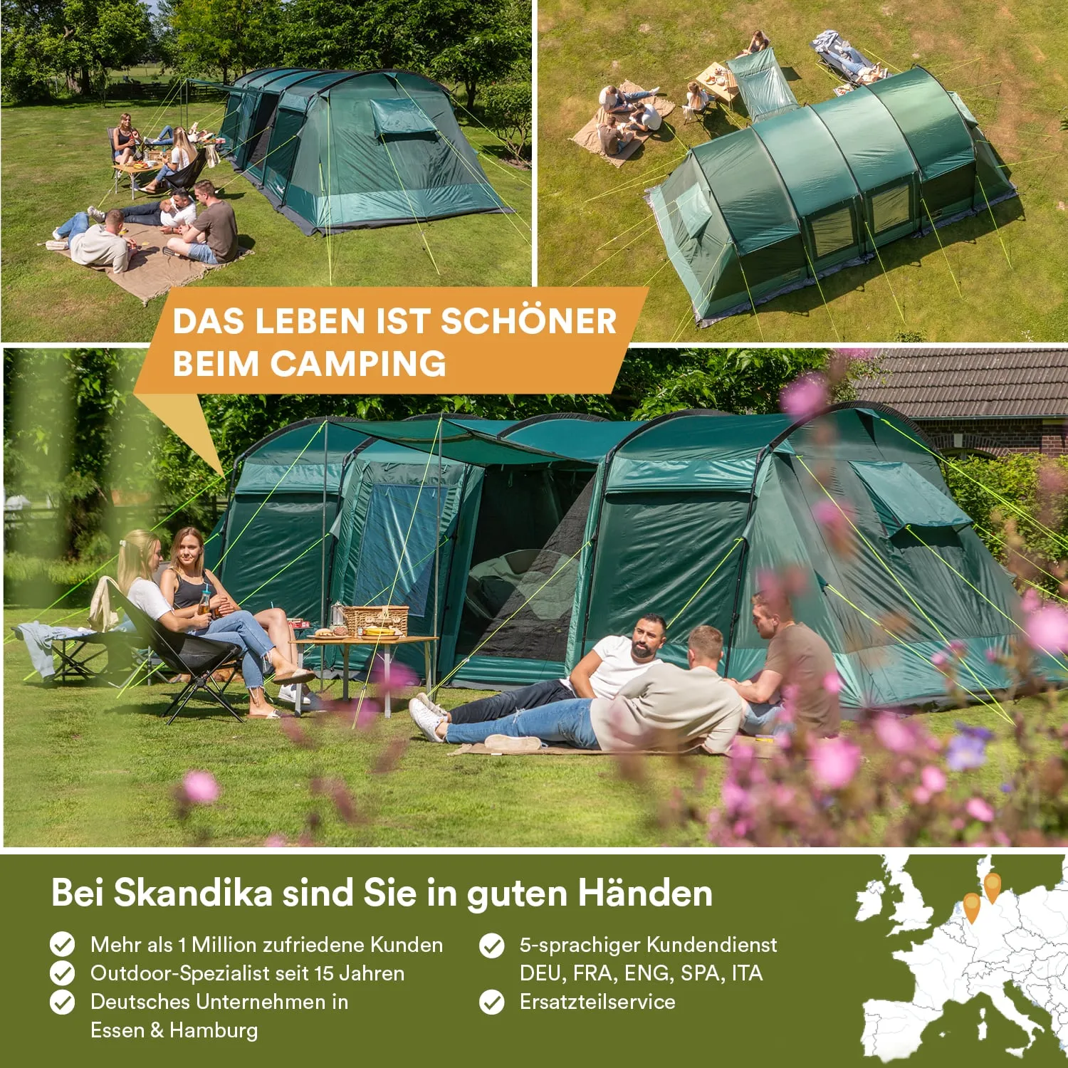 Zelt in grün auf einer Wiese. Personen sitzen und essen. Textbox mit Slogan und Informationen über das Unternehmen.