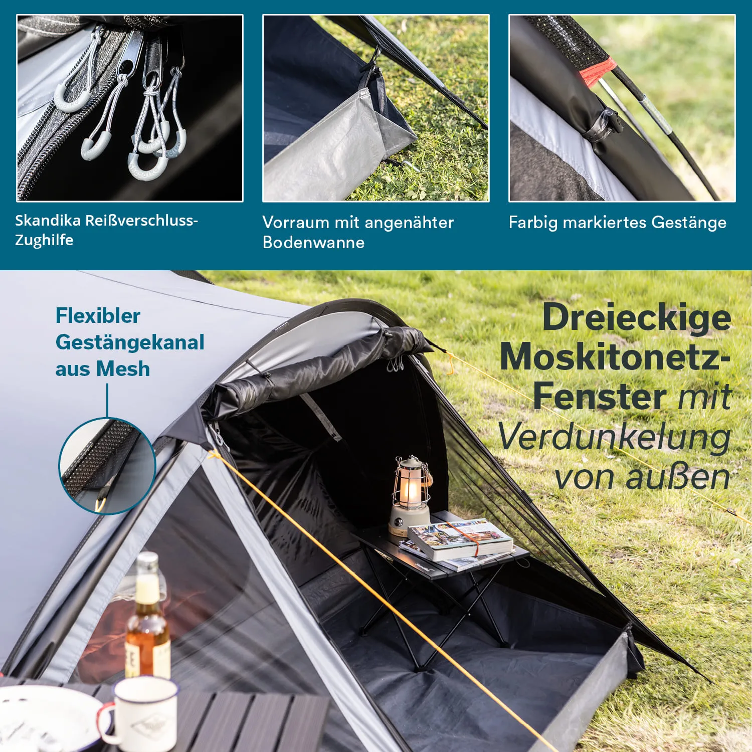 Ein Zelt mit einem offenen Eingang, in dem ein kleiner Tisch, eine Lampe und einige Magazine stehen. Sichtbare Details sind das Gestänge und ein Moskitonetzfenster.