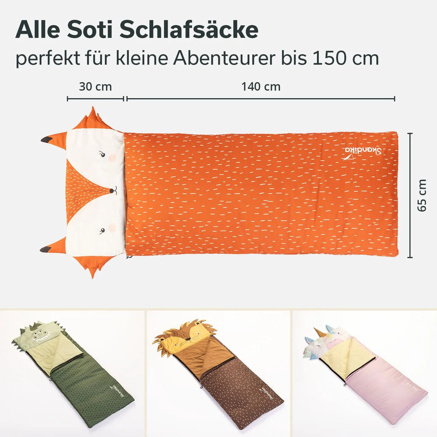 Orangefarbener Schlafsack mit Fuchsdesign und zwei weiteren in Tiermotiven, zu sehen in drei unterschiedlichen Ausführungen.