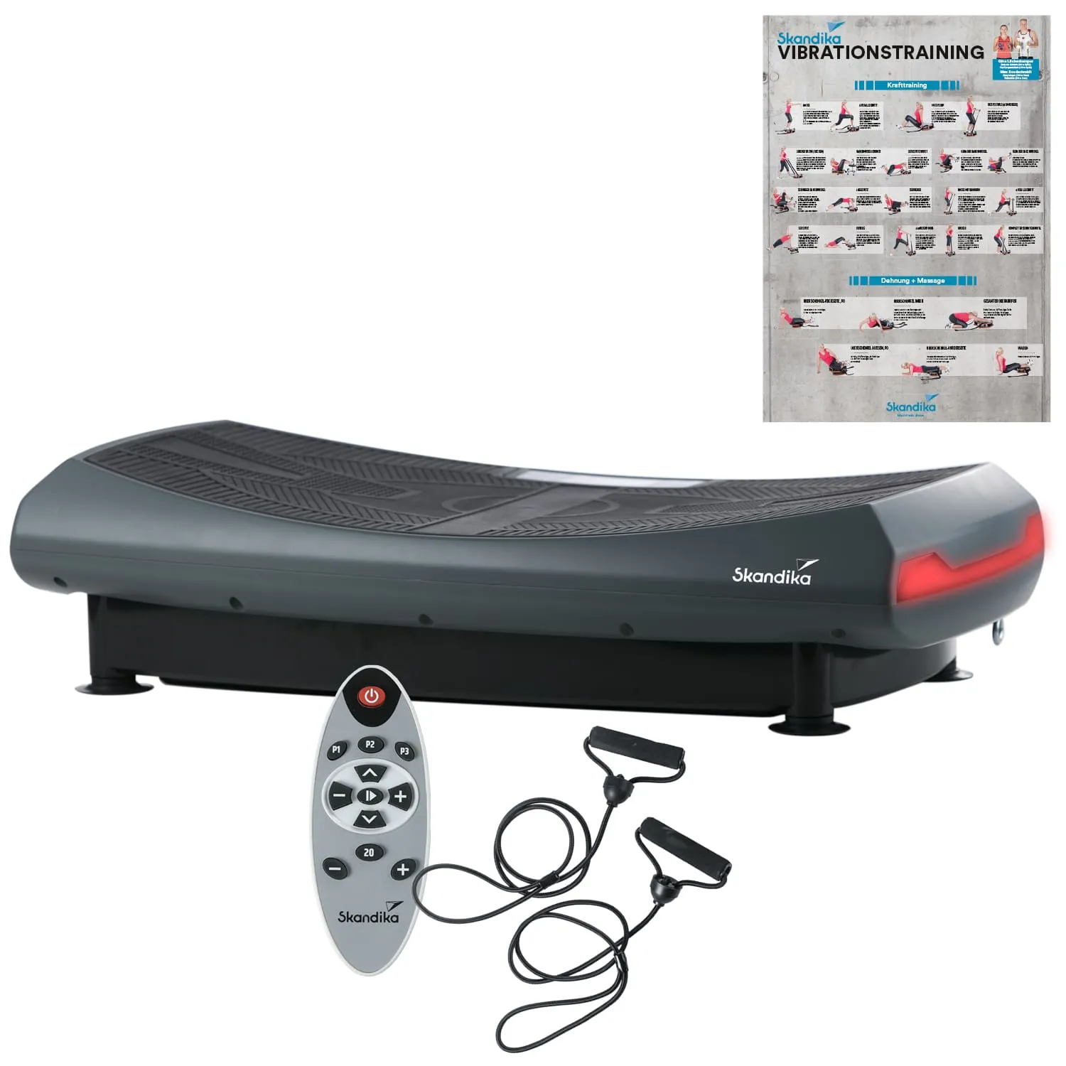 Vibrationsplatte in Grau mit Fernbedienung und zwei Widerstandsbandgriffen. Im Hintergrund eine Trainingsanleitung.