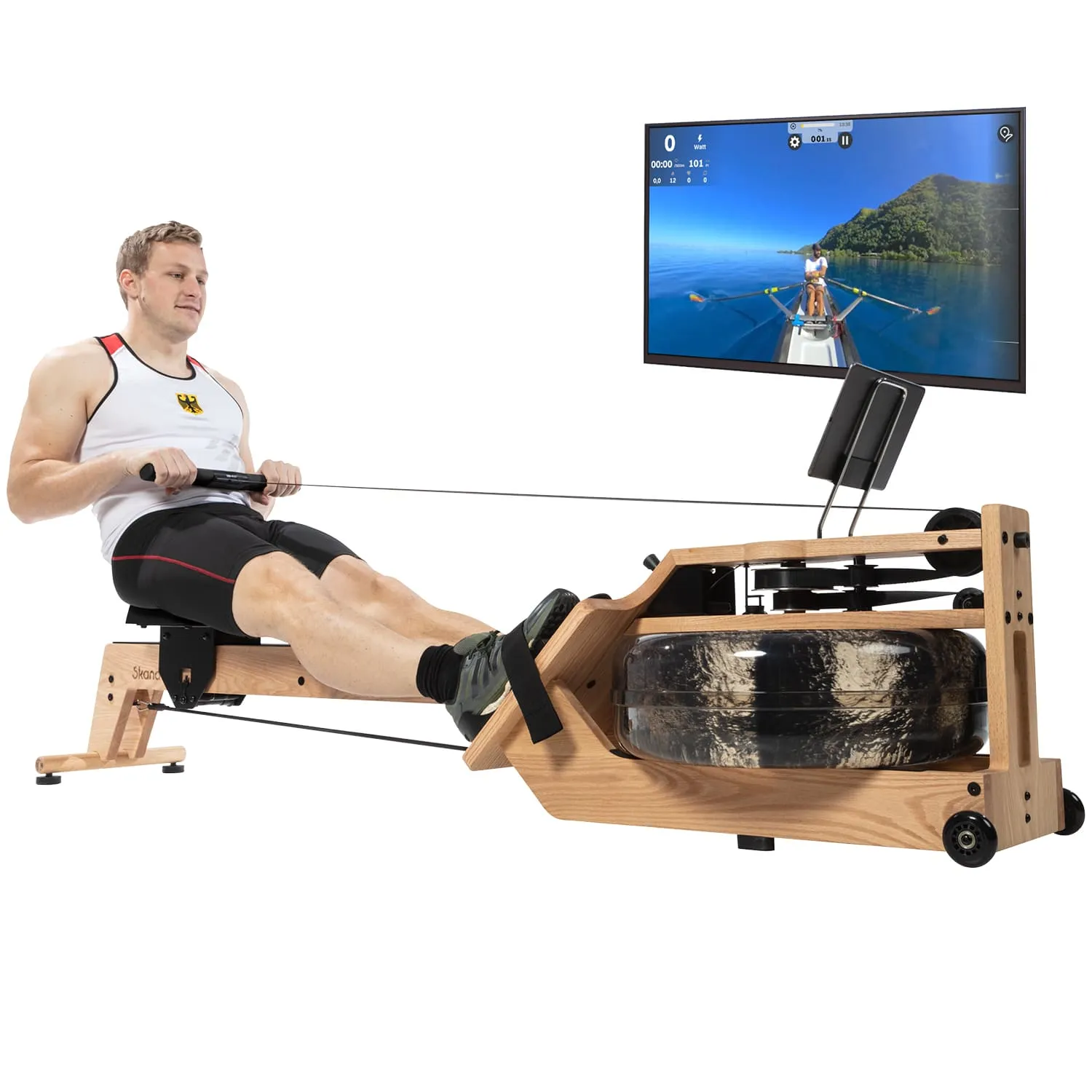 Rudergerät aus Holz mit einer Person, die rudert. Ein Monitor zeigt eine virtuelle Ruderumgebung.