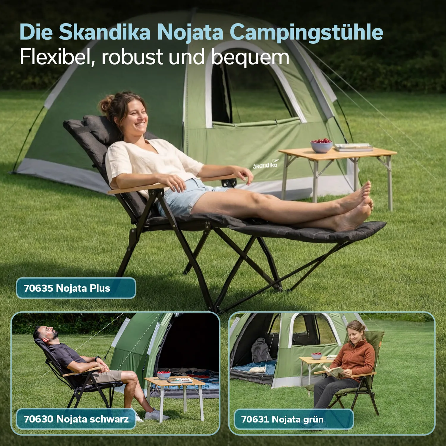 Campingstühle in einer grünen Umgebung, eine Person entspannt auf einem Stuhl, Zelt im Hintergrund. Drei Stuhlmodelle abgebildet.