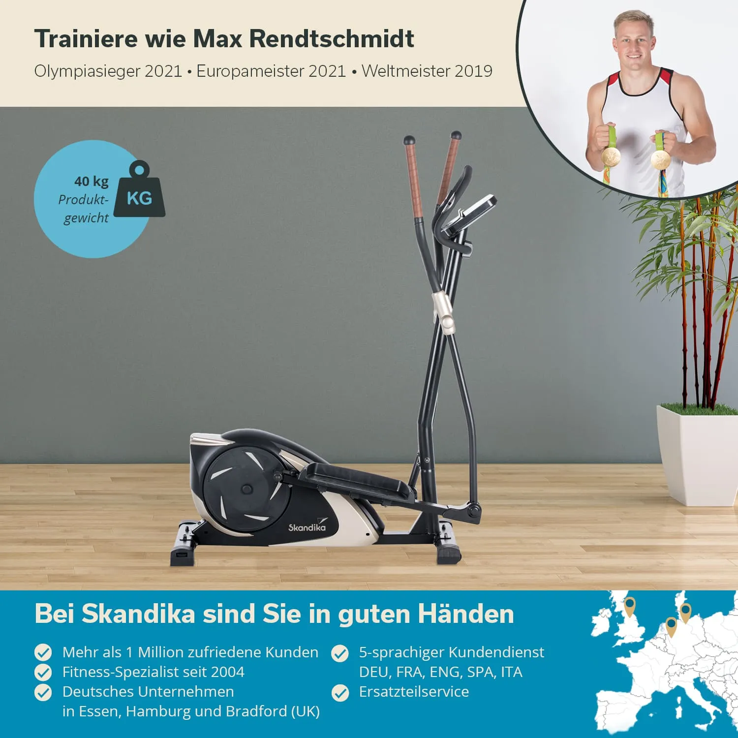 Ellipsentrainer von Skandika auf Holzboden vor grauer Wand, mit Informationen über Gewicht und Unternehmensvorteile.