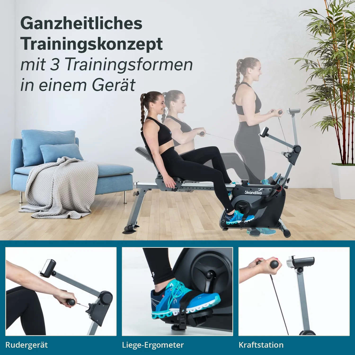 Dreidimensionales Trainingsgerät mit einer Person in sportlicher Kleidung, die verschiedene Übungen ausführt. Im Hintergrund eine Couch.