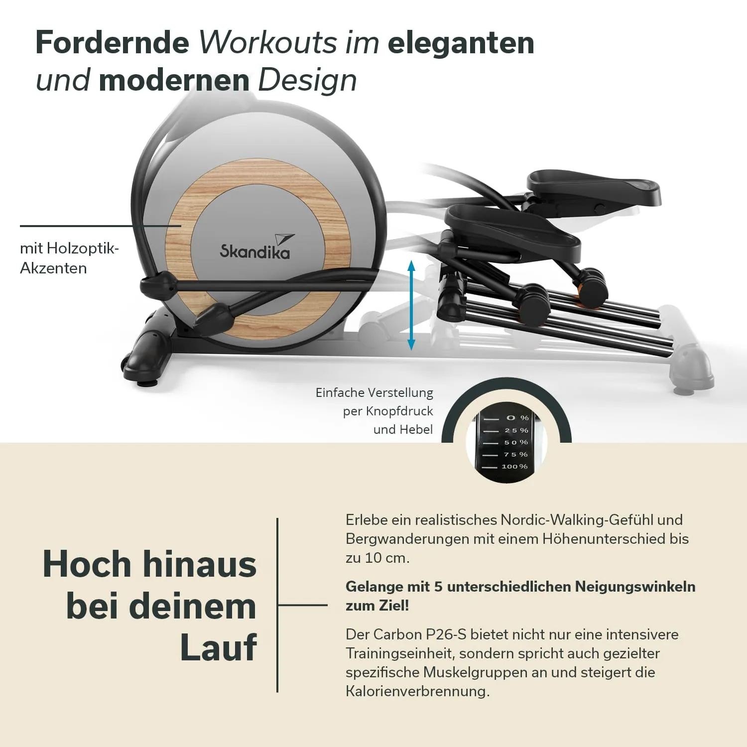 Fitnessgerät mit Holzoptik-Akzenten und Höhenverstellungsmechanismus. Beschreibung von Funktionen und Trainingsmöglichkeiten.