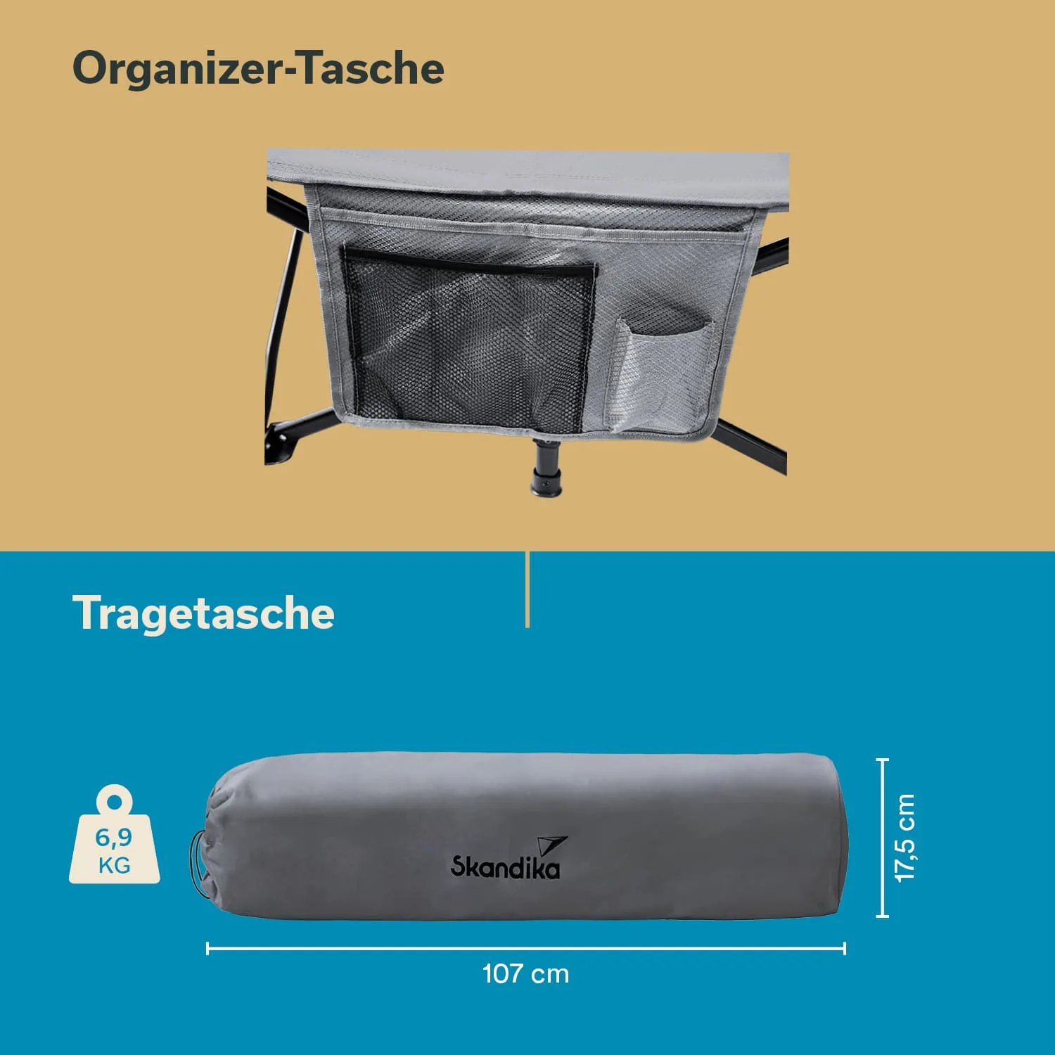 Organizer-Tasche mit Netzfächern unter einem Tisch und Tragetasche in grauer Farbe mit den Maßen 107 cm x 17,5 cm.