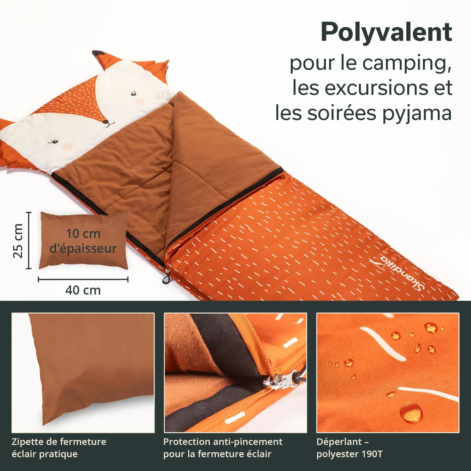 Schlafsack in orange und braun mit Fuchs-Motiv, gepolstert und mit Reißverschluss. Kissen separat. Sichtbare Details zu Materialien und Funktionen.