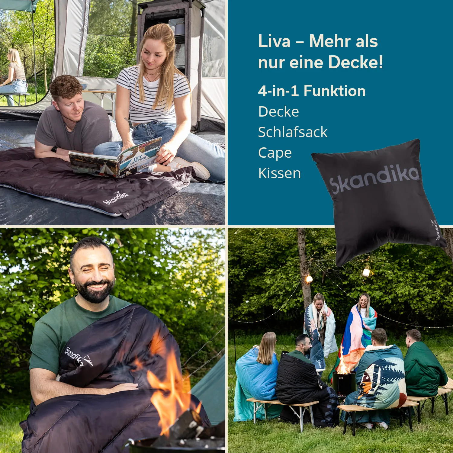 Collage mit vier Bildern. Oben: zwei Personen sitzen im Zelt und lesen. Unten links: Mann mit Schlafsack am Feuer. Unten rechts: Gruppe von Personen mit Decken am Tisch. Text rechts: Informationen zu einem Produkt.