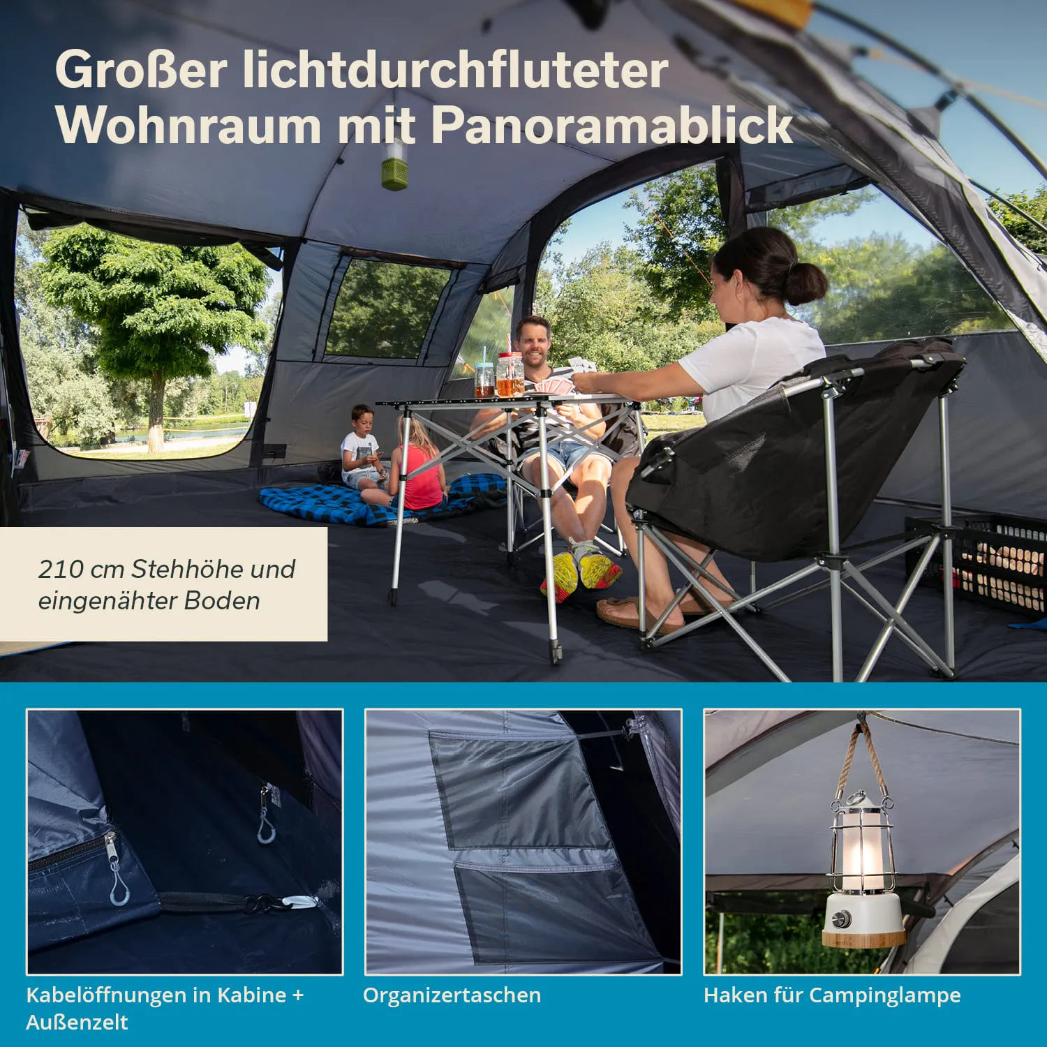 Zelt mit Panoramablick, Tisch und Stühlen, Familie sitzt entspannt darin. In den Ecken: Kabelöffnungen, Organizer, Haken für Lampe.