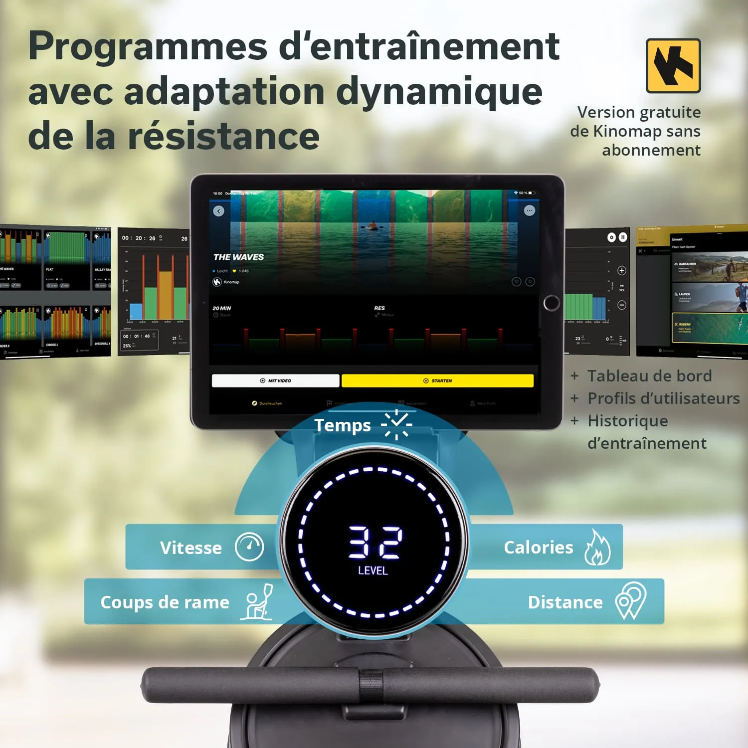 Ein Rudergerät mit digitalem Display zeigt Trainingsprogramme, Widerstandslevel, Zeit, Geschwindigkeit, Kalorien und Distanz an. Ein Tablet ist darüber platziert.
