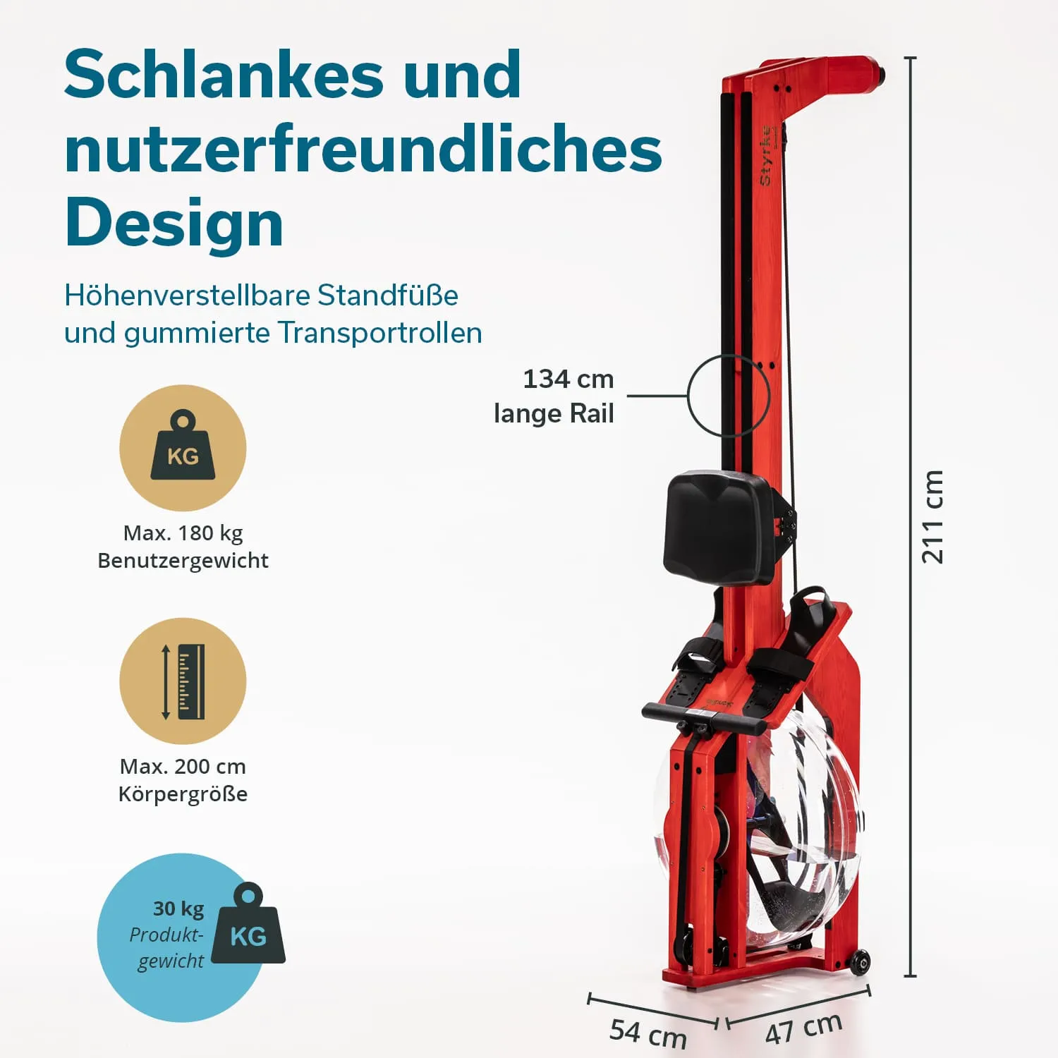 Rudergerät in Rot mit verstellbaren Standfüßen, einer 134 cm langen Rail und gummierten Transportrollen. Maße: 211 cm hoch, 54 cm breit, 47 cm tief. Maximalgewicht 180 kg, max. Körpergröße 200 cm, Produktgewicht 30 kg.