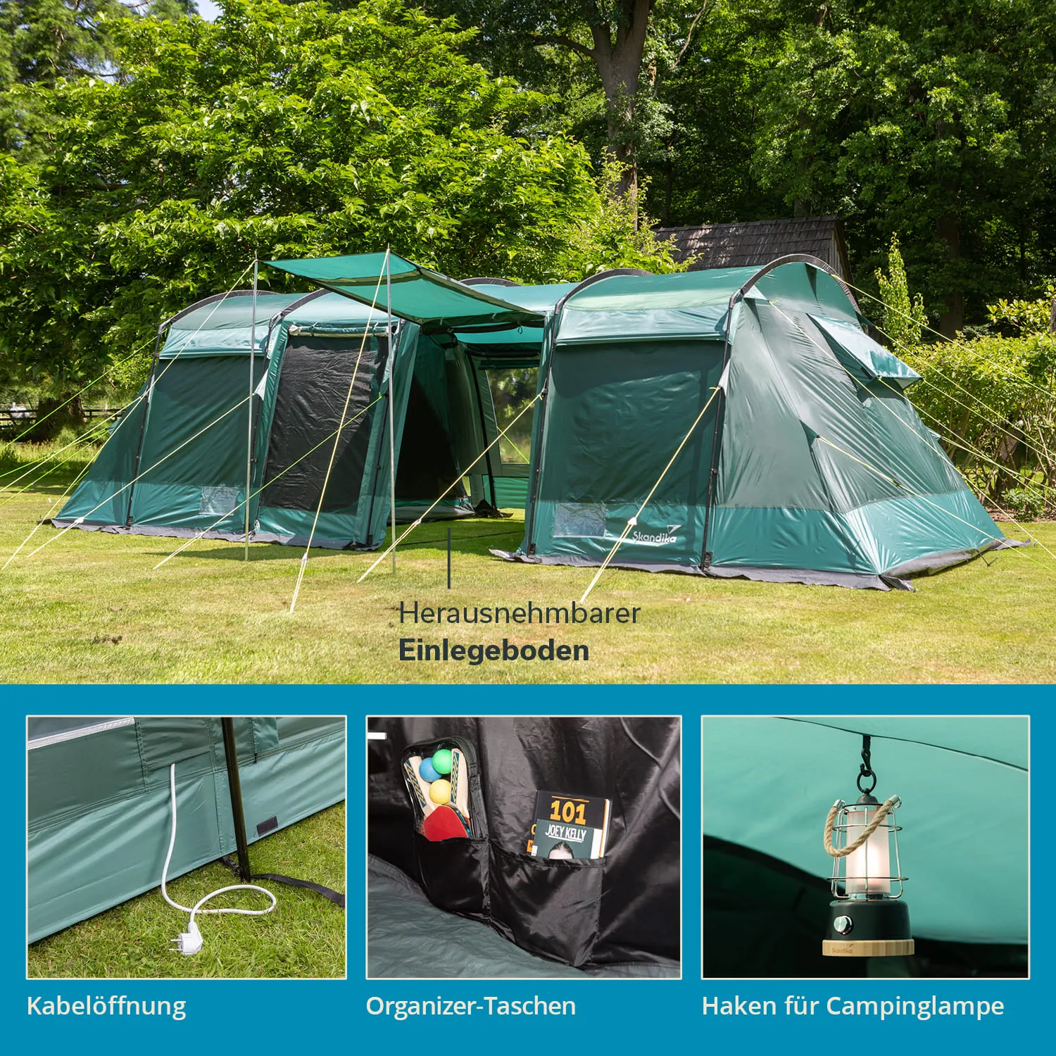 Zelt mit grünem Stoff im Freien, umgeben von Bäumen. Untere Teilansichten zeigen Kabelöffnung, Organizer-Taschen und Lampe.