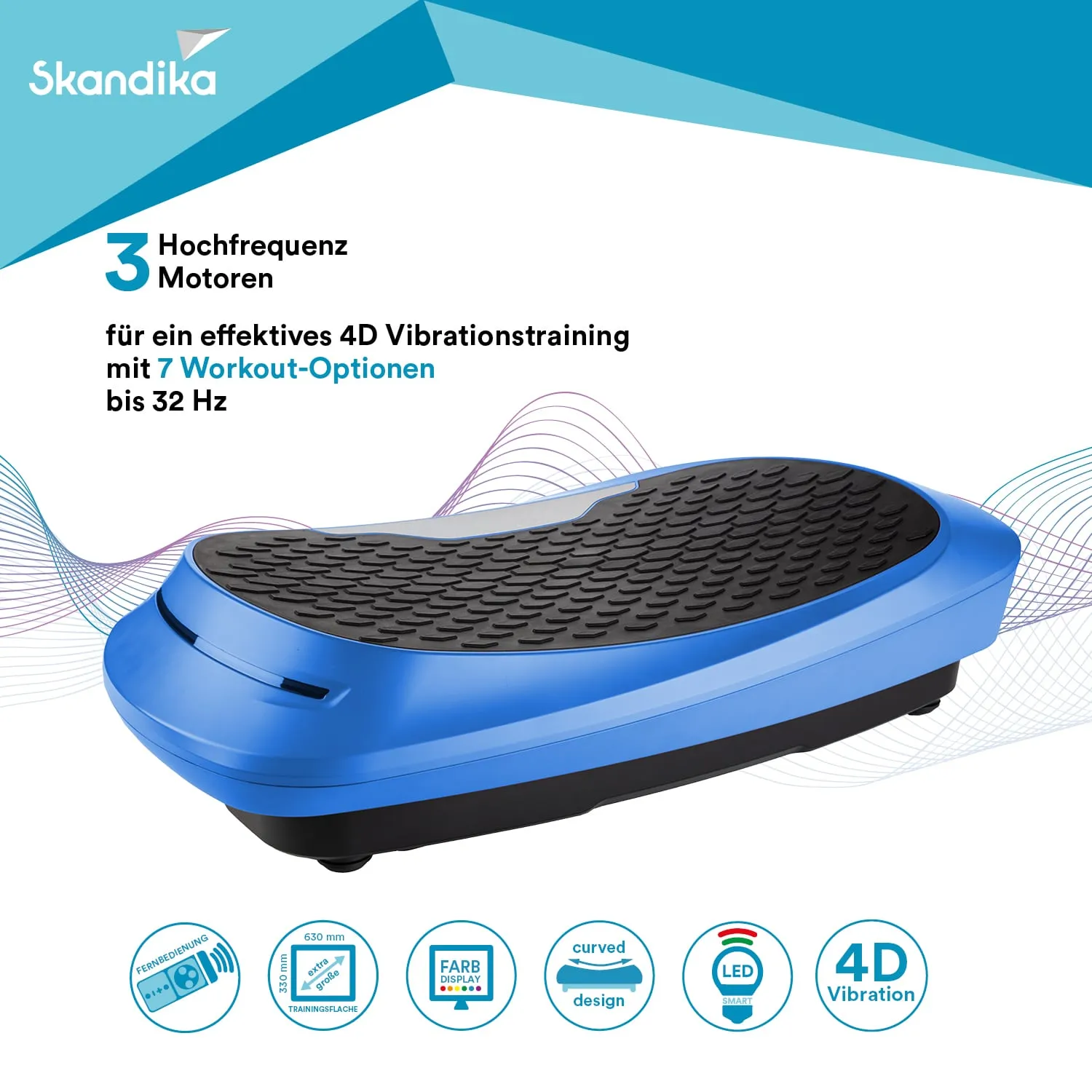 Vibrationsplatte in Blau mit rutschfester Oberfläche, Informationen zu 4D Vibrationstraining und Workout-Optionen.