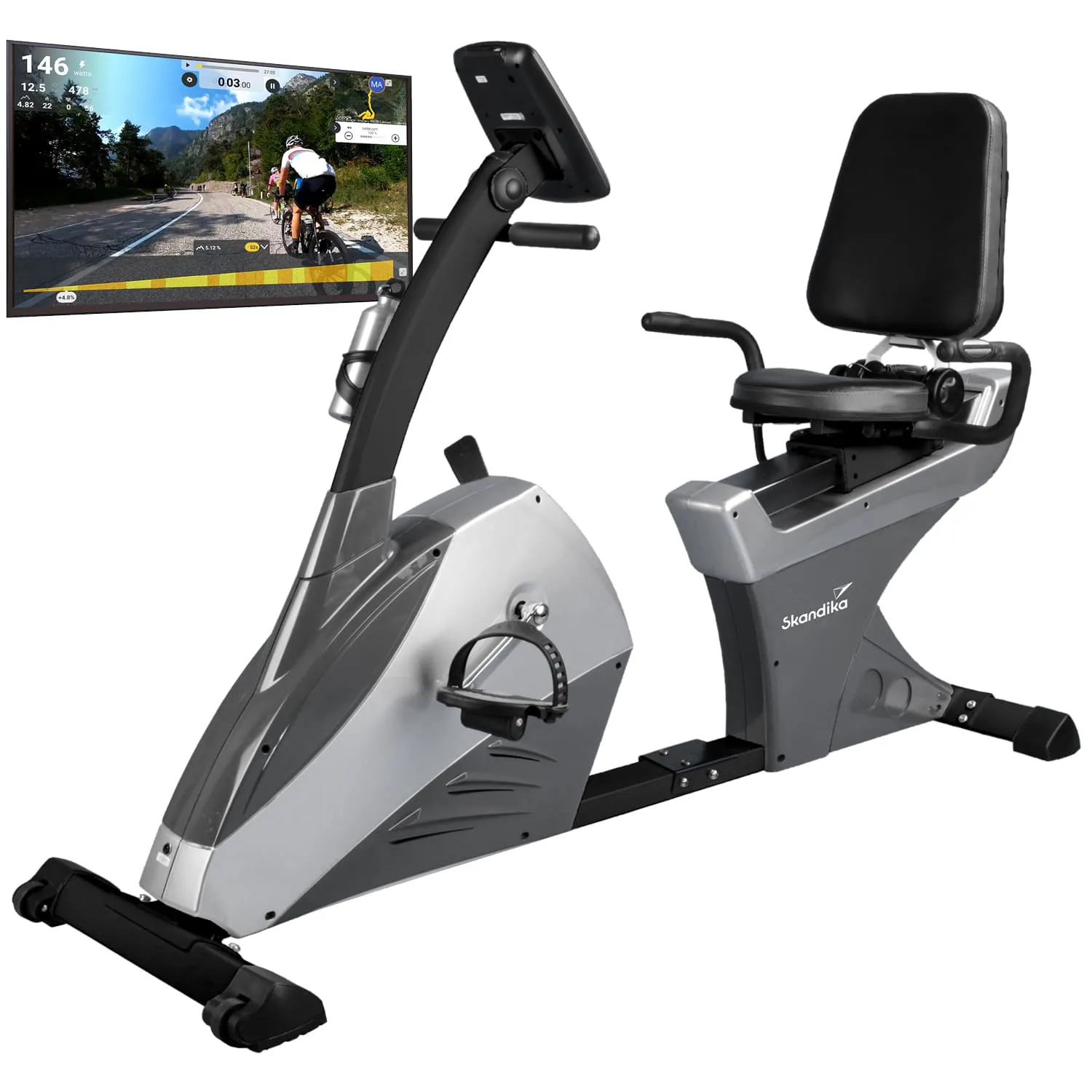 Ergometer mit einem stabilen, schwarz-silbernen Design und einem Display, das eine Fahrradstrecke zeigt.